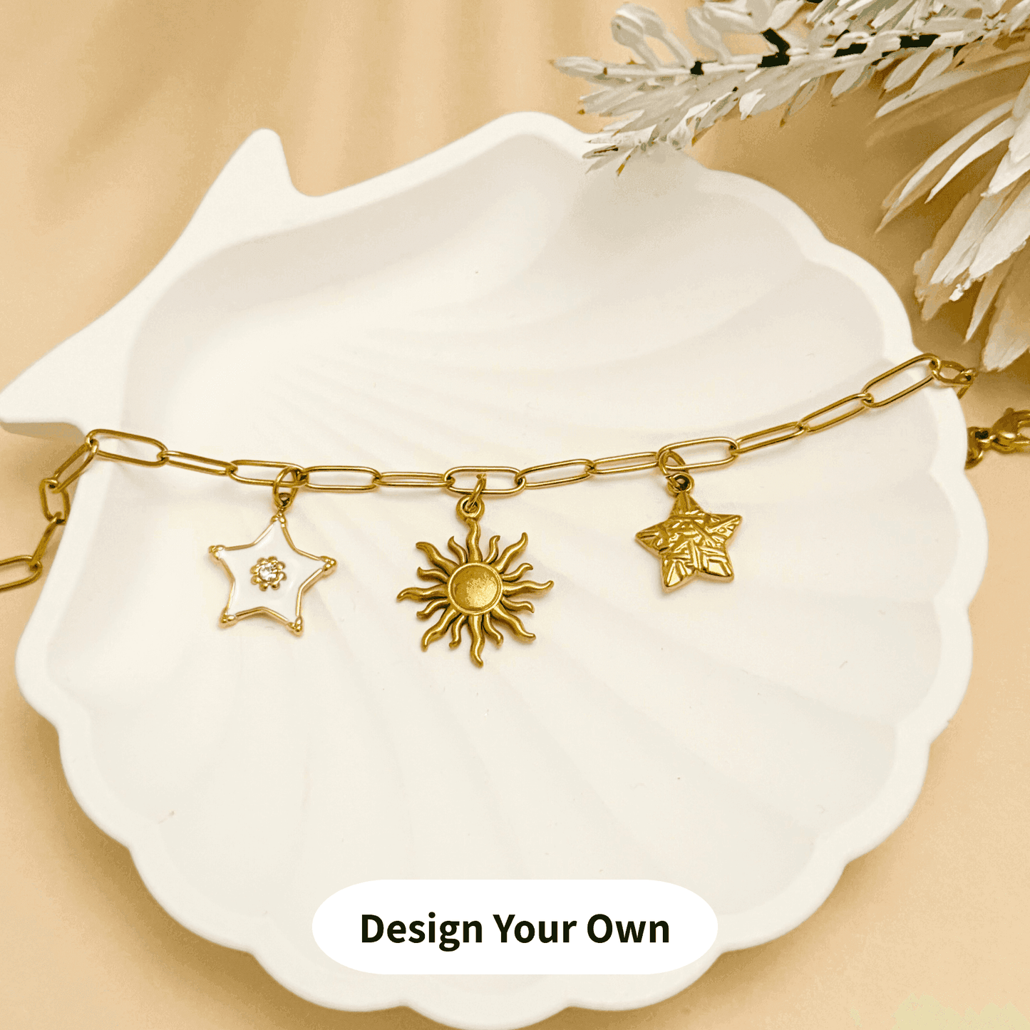 Design your own gold charm bracelet with medium linked chain – personalised, waterproof, tarnish-free, and perfect for everyday wear.