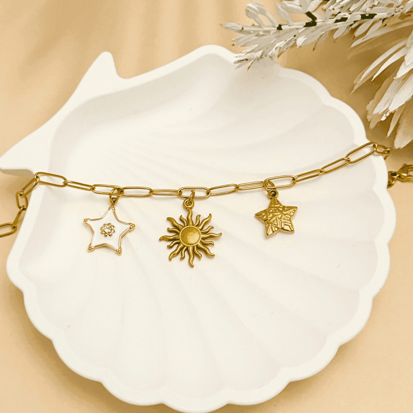 Design your own gold charm bracelet with medium linked chain – personalised, waterproof, tarnish-free, and perfect for everyday wear.