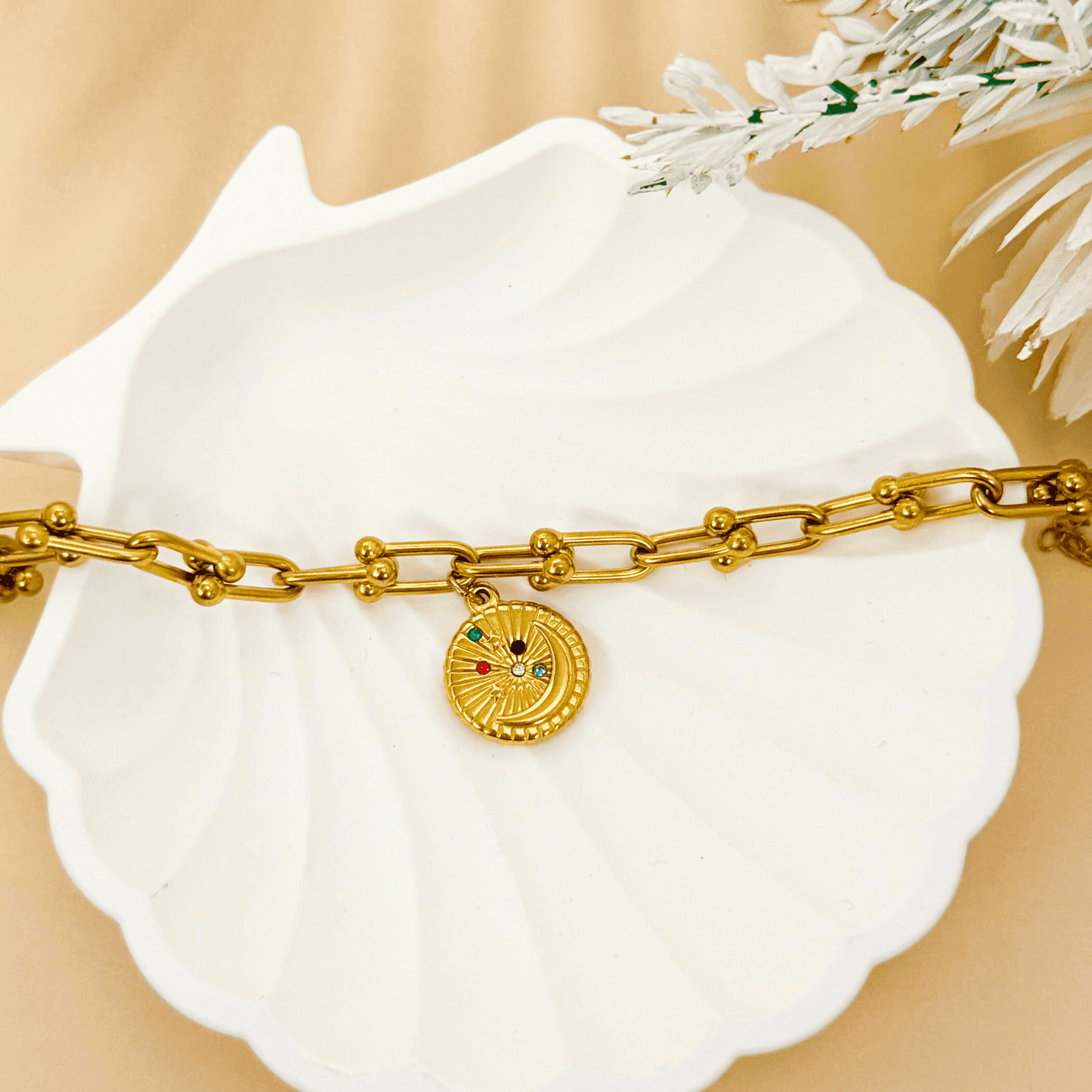 Custom gold charm bracelet with thick linked chain – design your own meaningful piece with durable, waterproof, and tarnish-free materials.