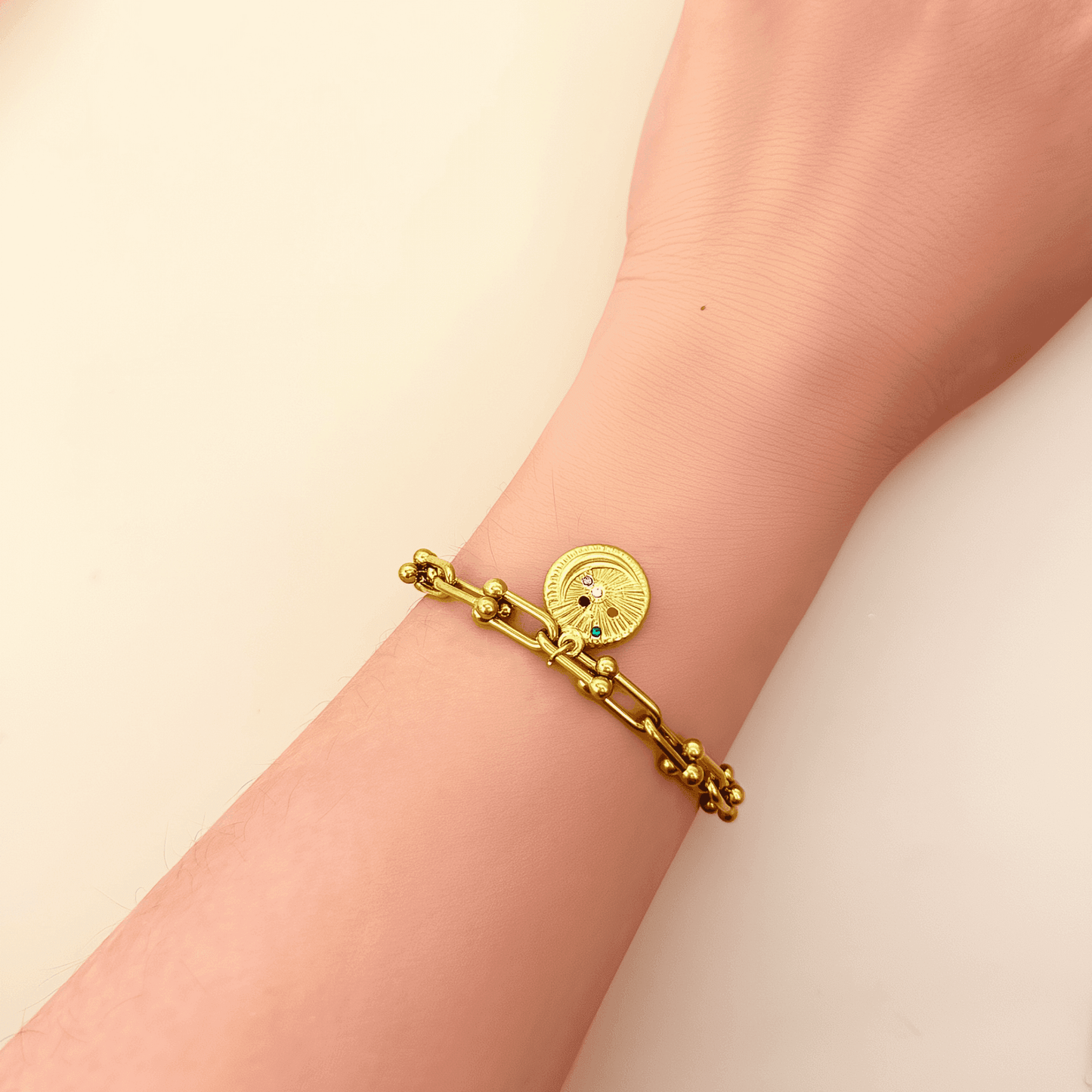 Custom gold charm bracelet with thick linked chain – design your own meaningful piece with durable, waterproof, and tarnish-free materials.
