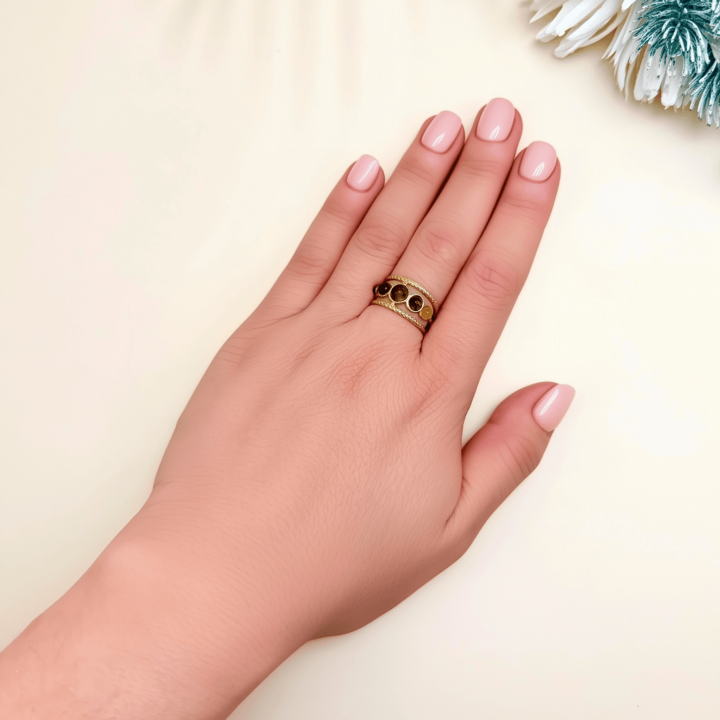 Ember Stone Band Ring with textured gold double band and five natural stones in warm earthy tones. Waterproof, tarnish-resistant, and adjustable statement ring.