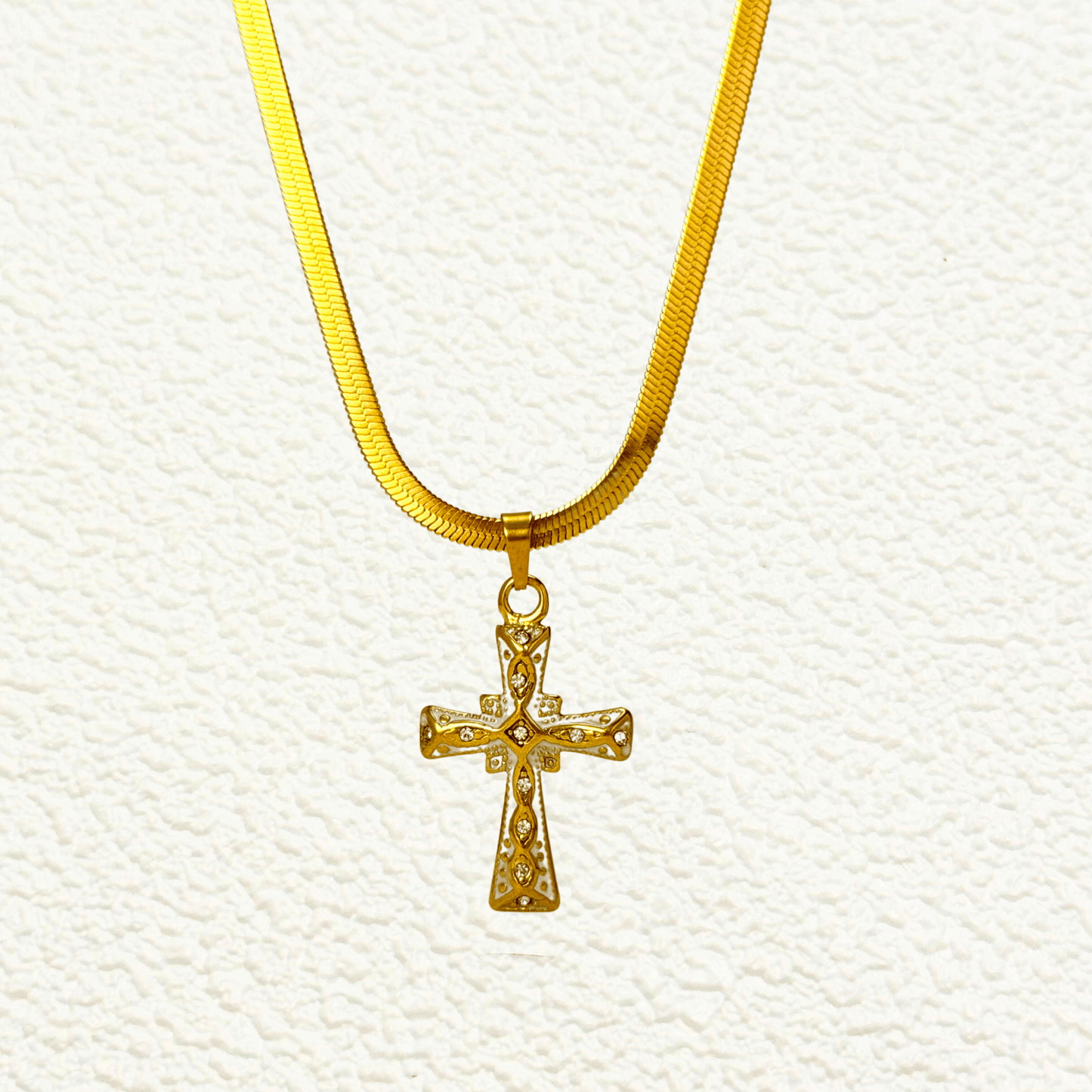 Gold enamel cross necklace with zircon stones, vintage-inspired religious jewellery on gold snake chain – modern Christian pendant for elegant styling.