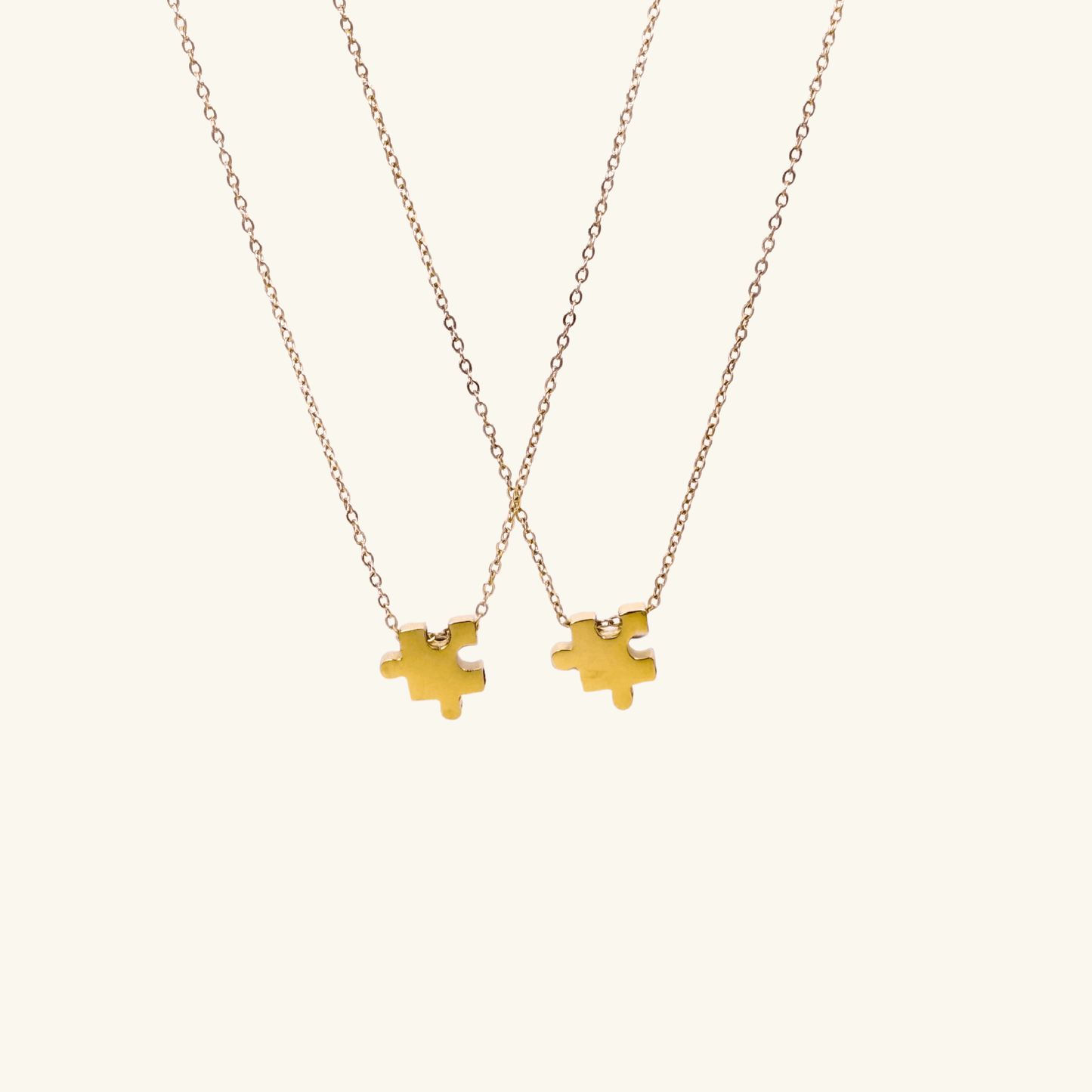 Engravable gold puzzle piece friendship necklace with initial charms – personalised matching jewellery gift for friends and couples