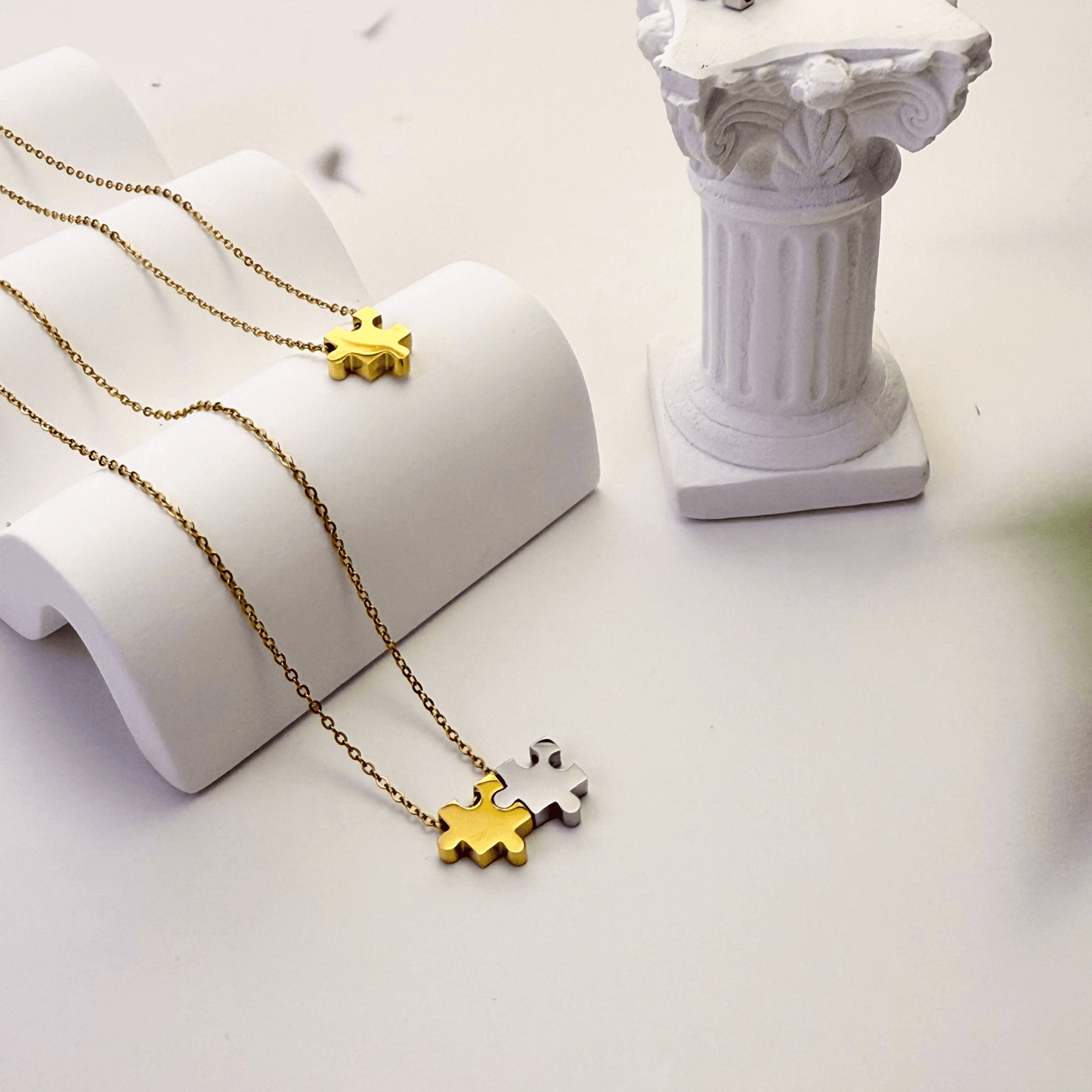 Engravable gold puzzle piece friendship necklace with initial charms – personalised matching jewellery gift for friends and couples