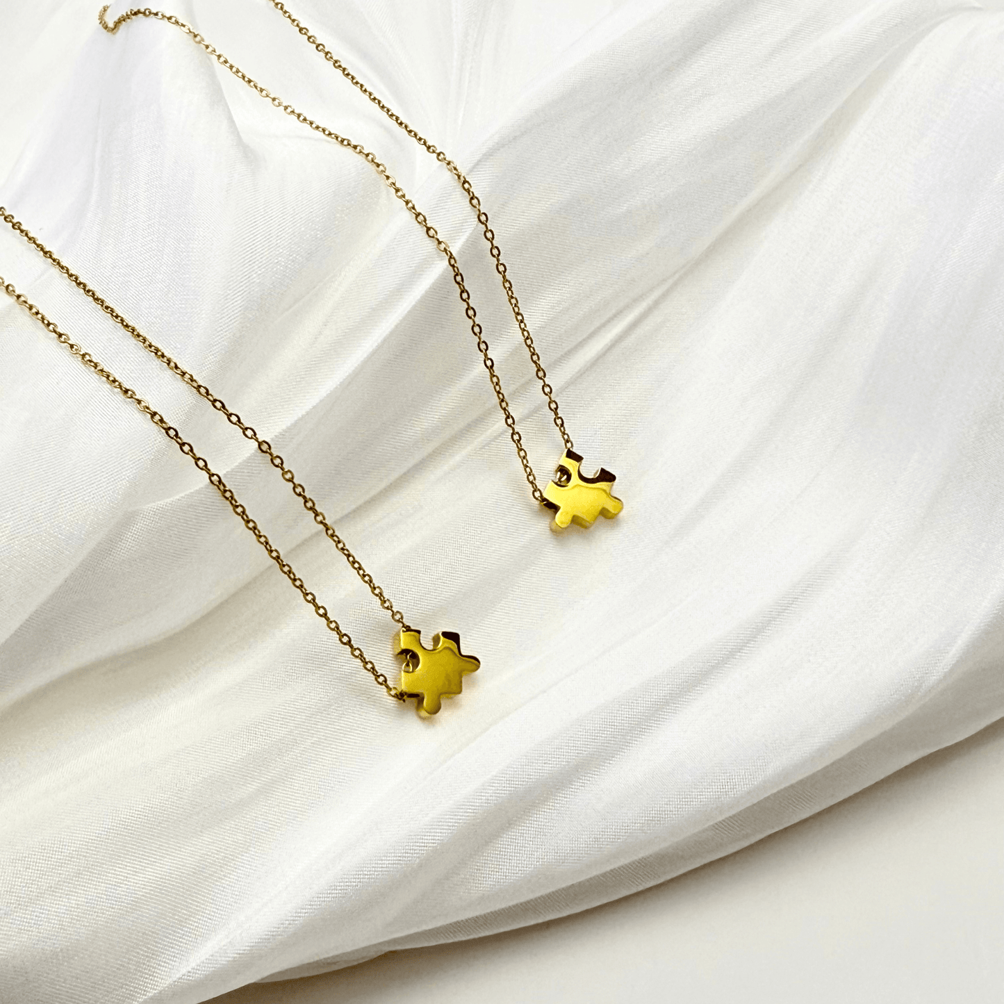 Engravable gold puzzle piece friendship necklace with initial charms – personalised matching jewellery gift for friends and couples