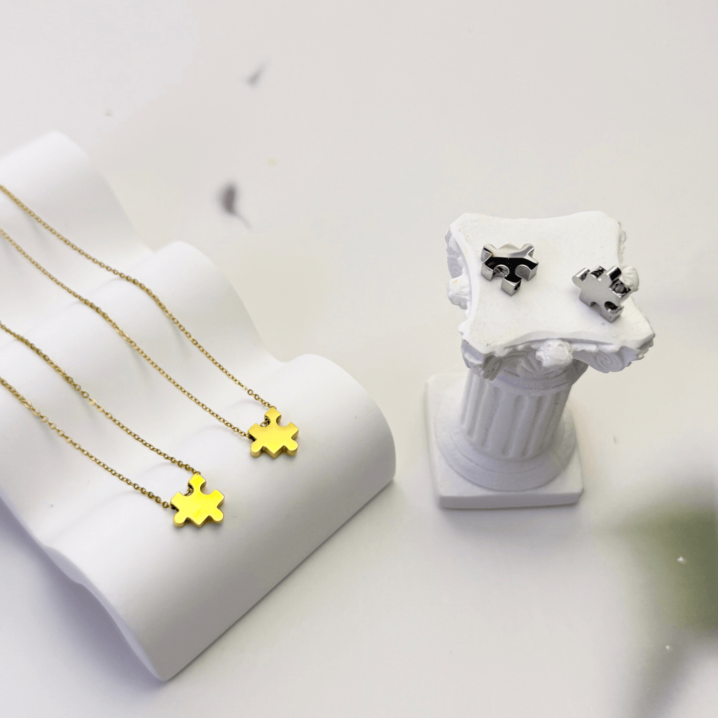 Engravable gold puzzle piece friendship necklace with initial charms – personalised matching jewellery gift for friends and couples