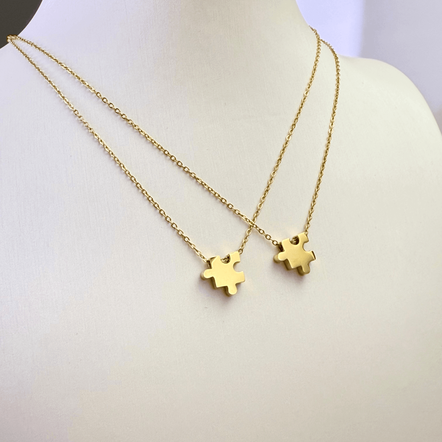 Engravable gold puzzle piece friendship necklace with initial charms – personalised matching jewellery gift for friends and couples