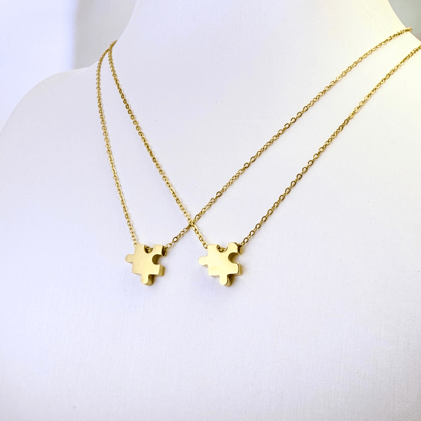 Engravable gold puzzle piece friendship necklace with initial charms – personalised matching jewellery gift for friends and couples