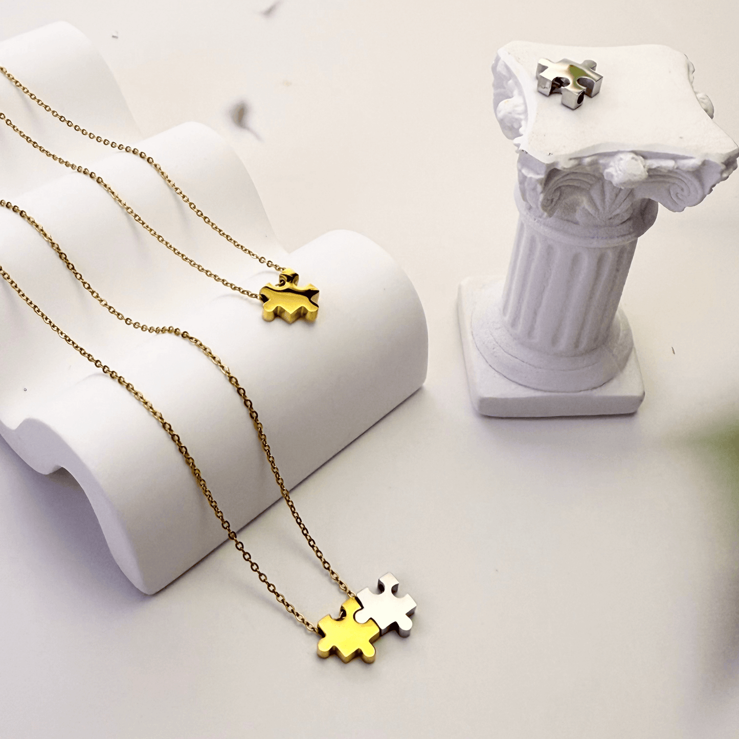Engravable gold puzzle piece friendship necklace with initial charms – personalised matching jewellery gift for friends and couples