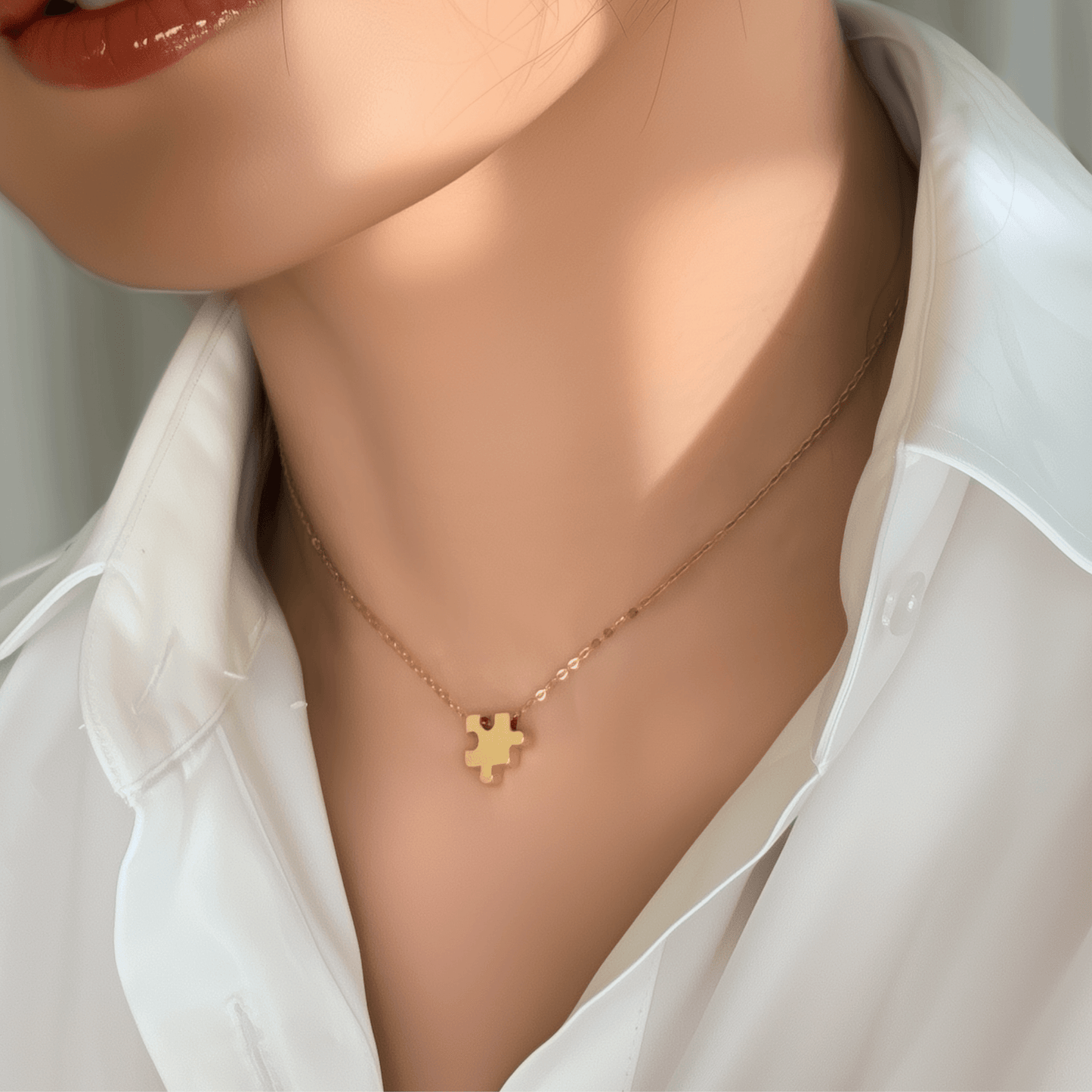 Engravable gold puzzle piece friendship necklace with initial charms – personalised matching jewellery gift for friends and couples