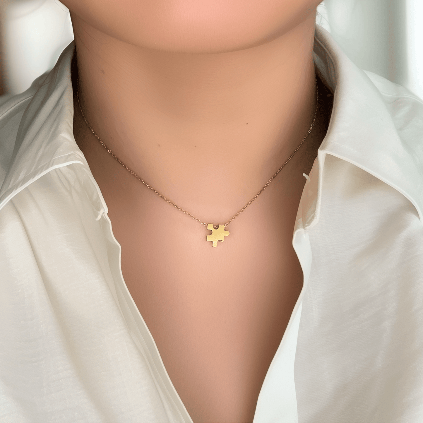 Engravable gold puzzle piece friendship necklace with initial charms – personalised matching jewellery gift for friends and couples