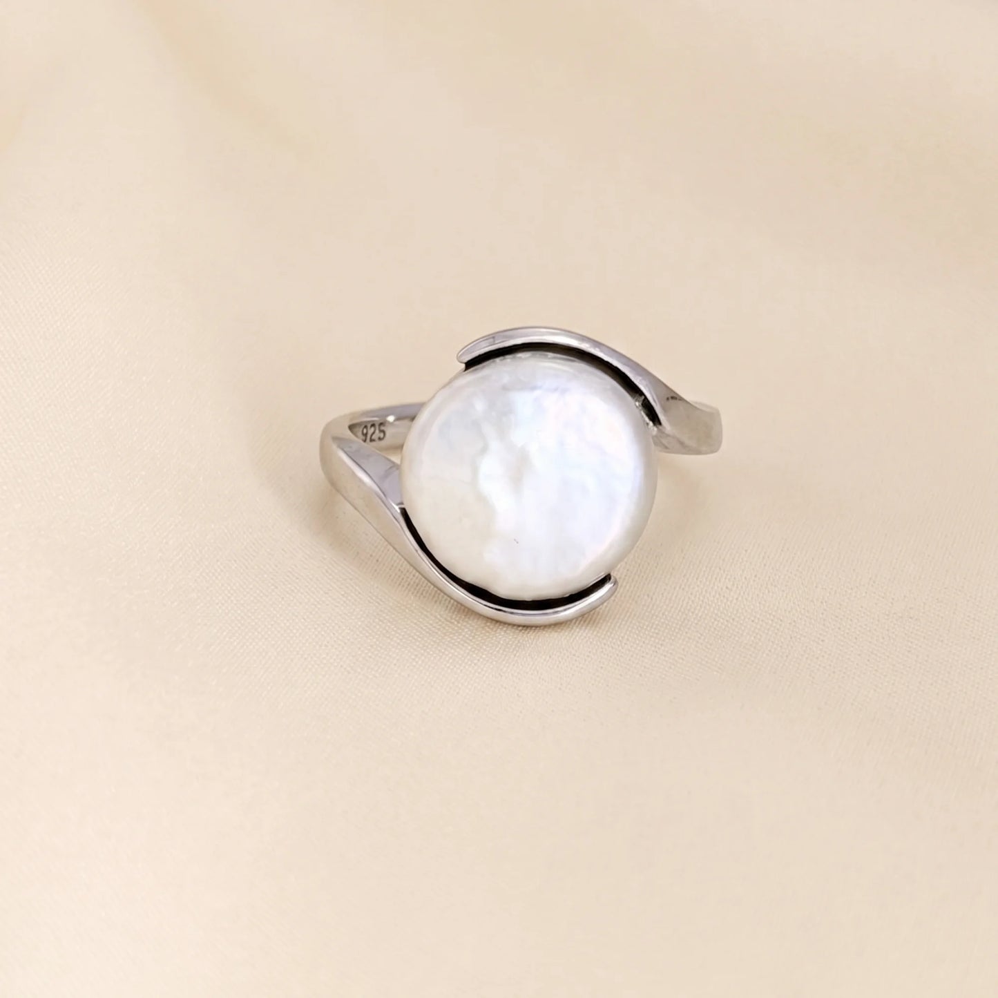 Premium freshwater coin pearl set in 925 sterling silver ring, understated and elegant - MXW Jewellery