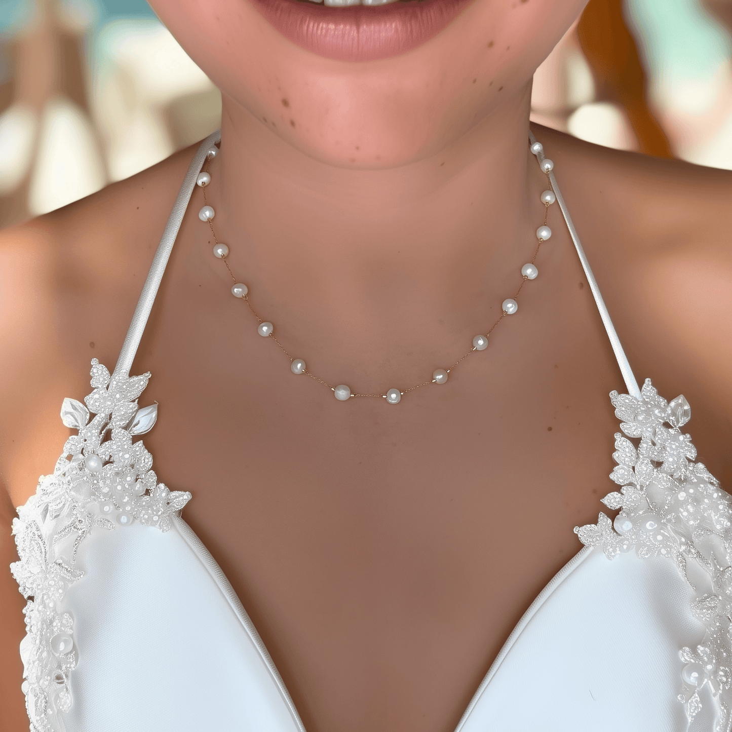 Elegant freshwater pearl necklace on a dainty gold chain, a timeless jewellery piece perfect for bridesmaids, weddings, or meaningful everyday wear.
