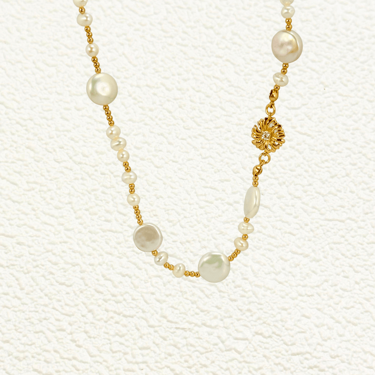 choker necklace with natural freshwater pearls and gold-plated sunburst charm, handcrafted with 925 sterling silver