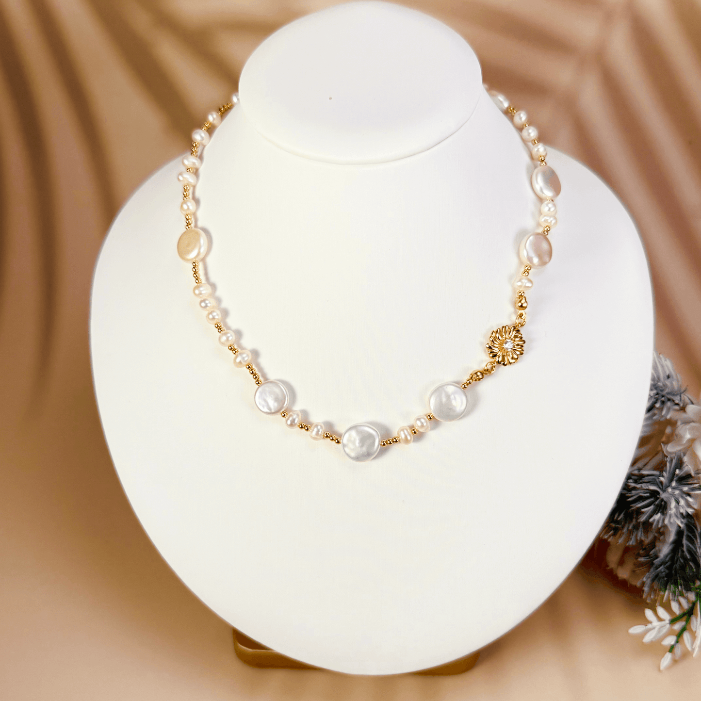 choker necklace with natural freshwater pearls and gold-plated sunburst charm, handcrafted with 925 sterling silver