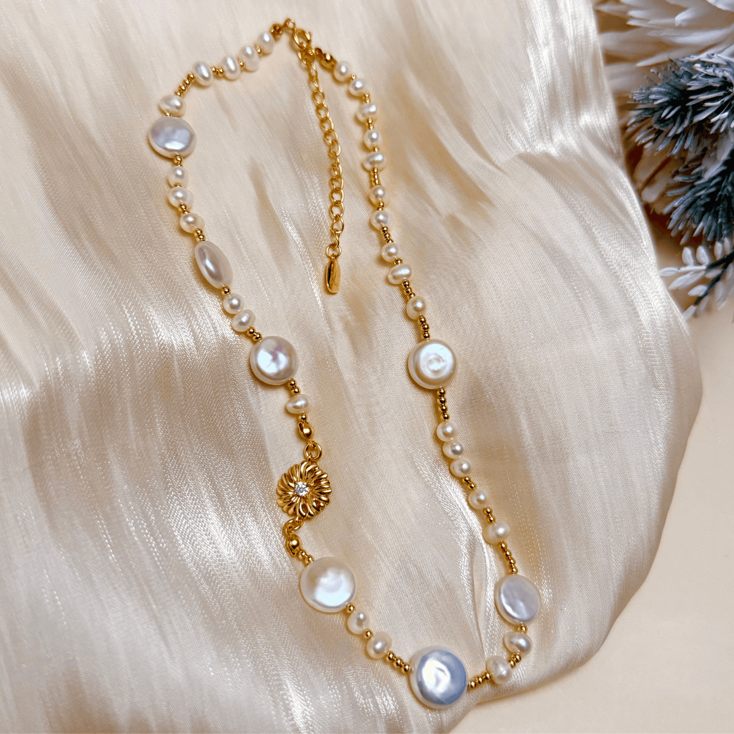 choker necklace with natural freshwater pearls and gold-plated sunburst charm, handcrafted with 925 sterling silver