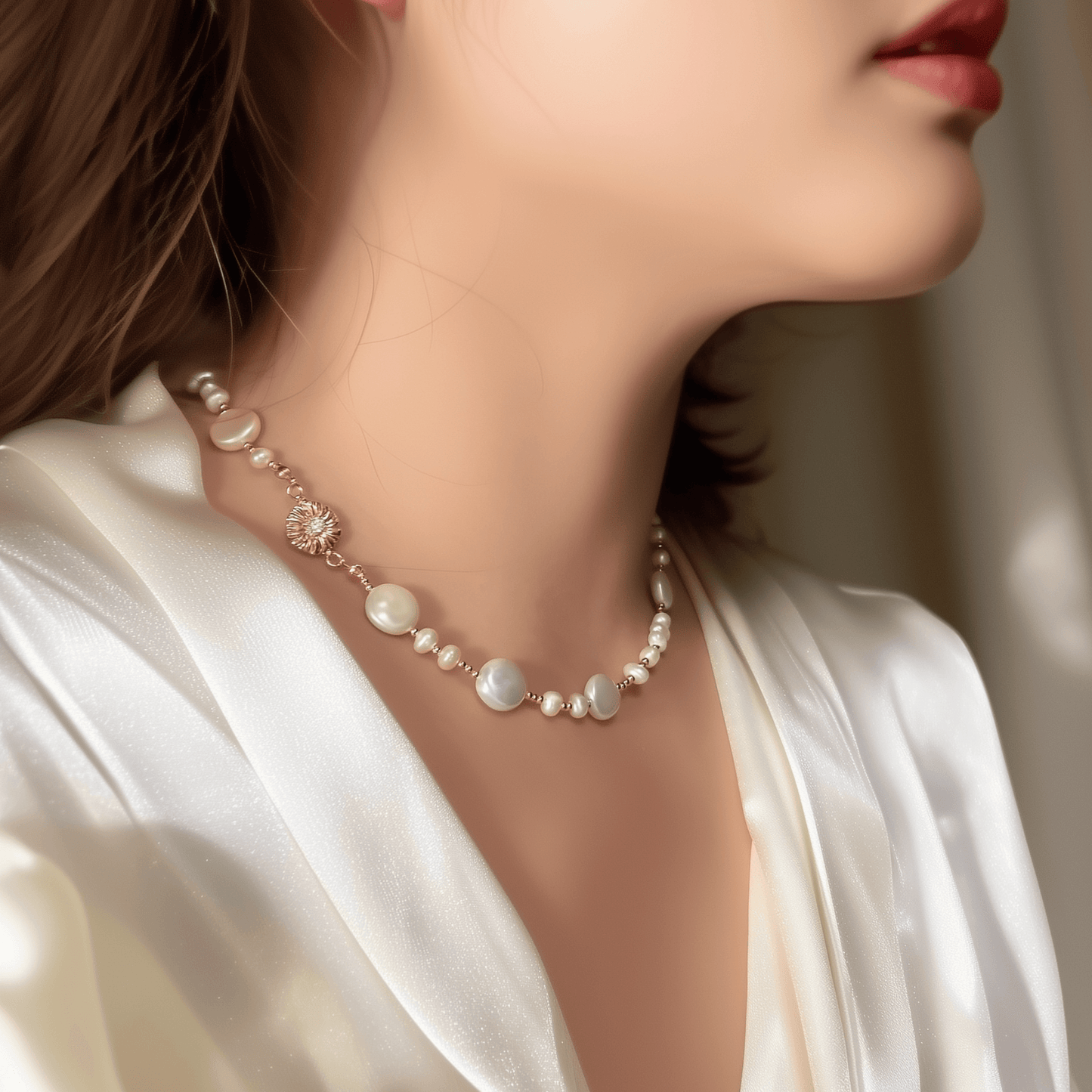 choker necklace with natural freshwater pearls and gold-plated sunburst charm, handcrafted with 925 sterling silver