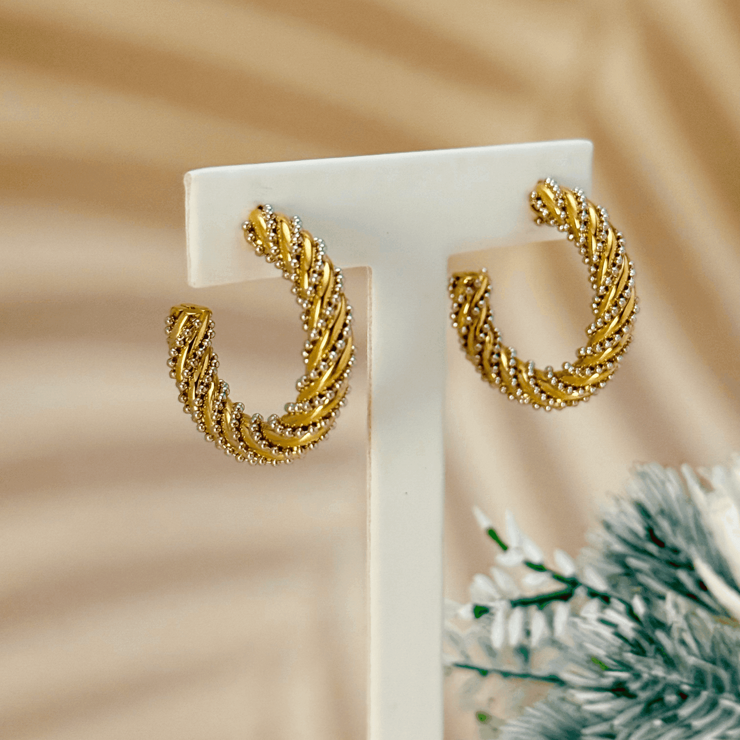 Gold Beaded Rope Hoop Earrings, featuring a twisted rope design with beaded accents, crafted from PVD-plated stainless steel.