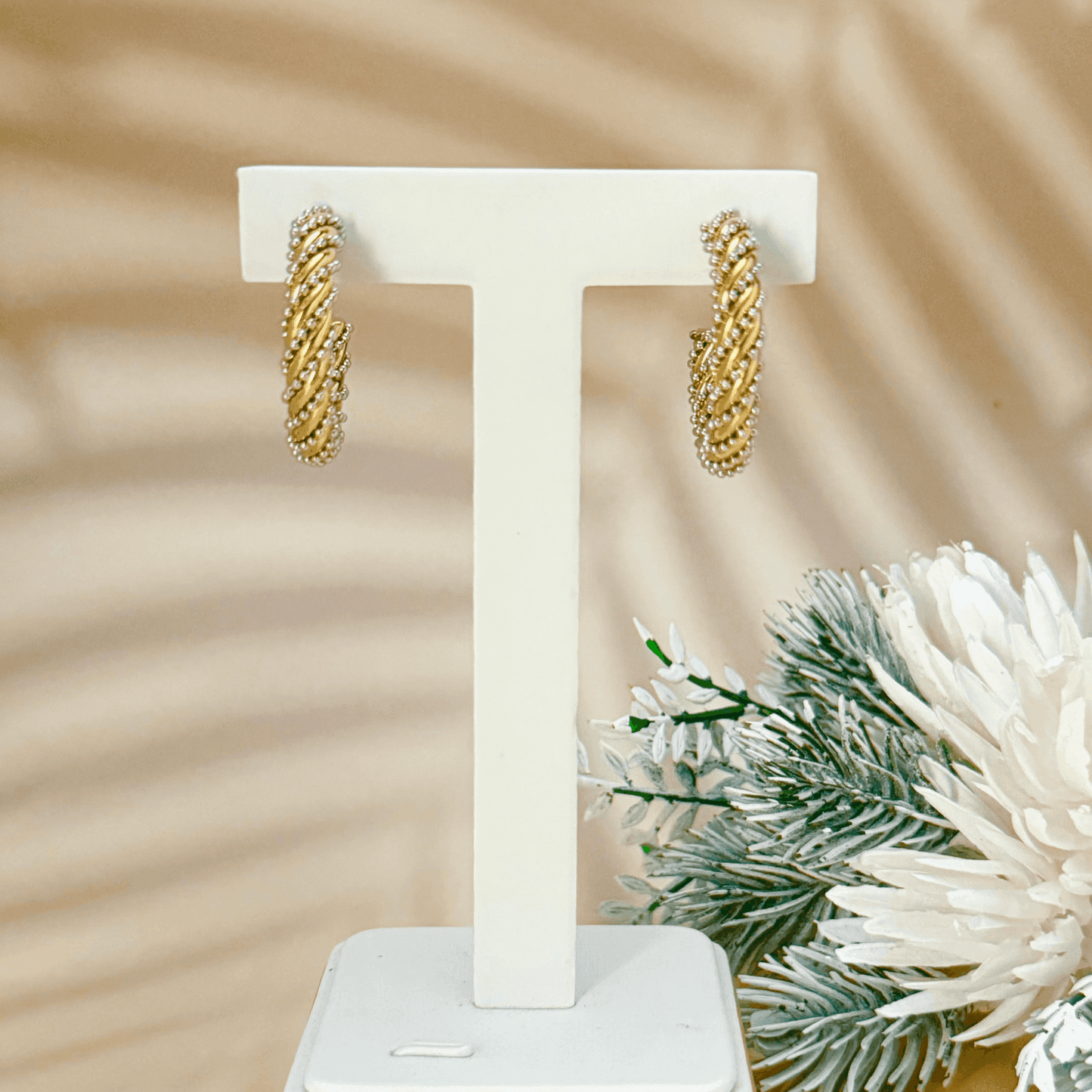 Gold Beaded Rope Hoop Earrings, featuring a twisted rope design with beaded accents, crafted from PVD-plated stainless steel.