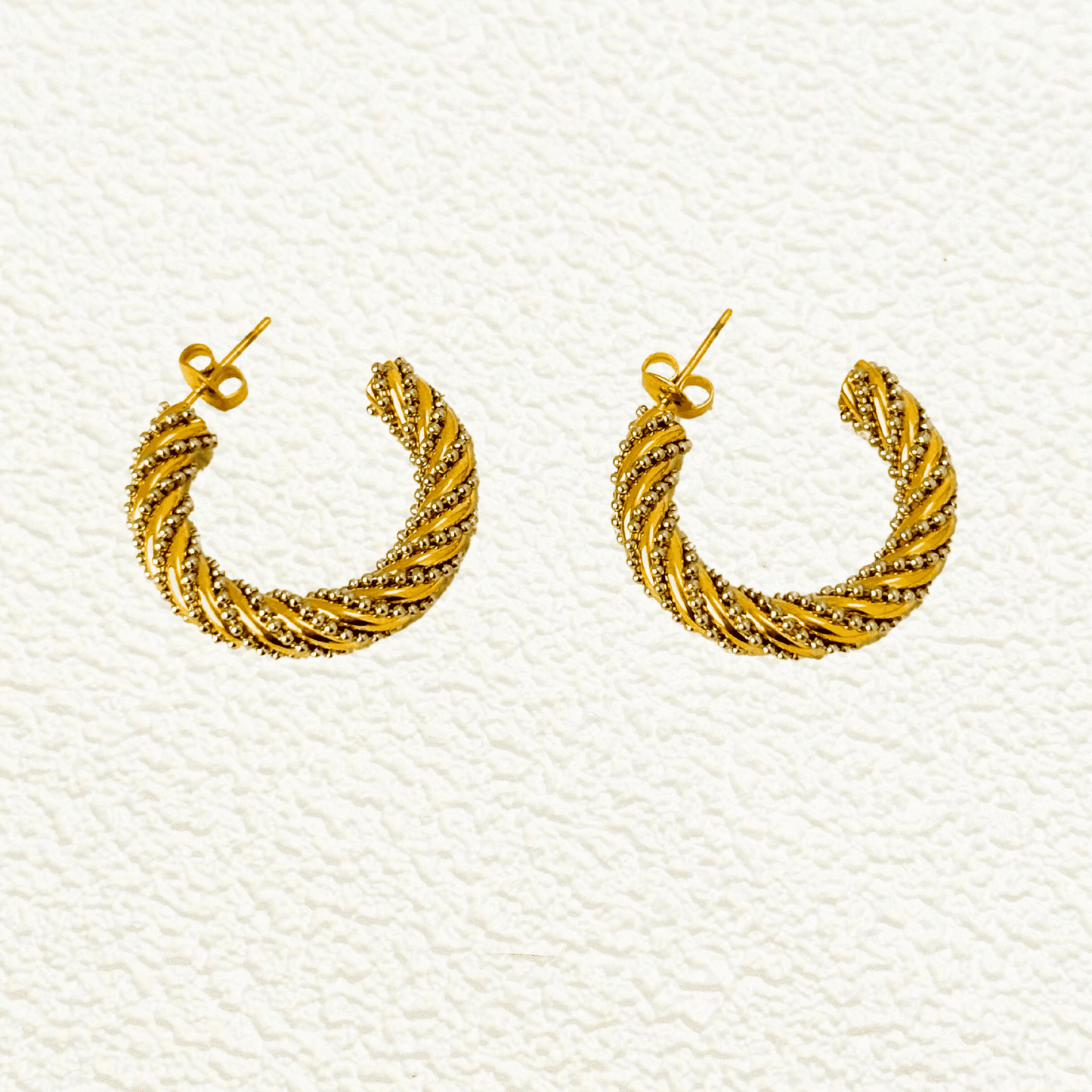 Gold Beaded Rope Hoop Earrings, featuring a twisted rope design with beaded accents, crafted from PVD-plated stainless steel.
