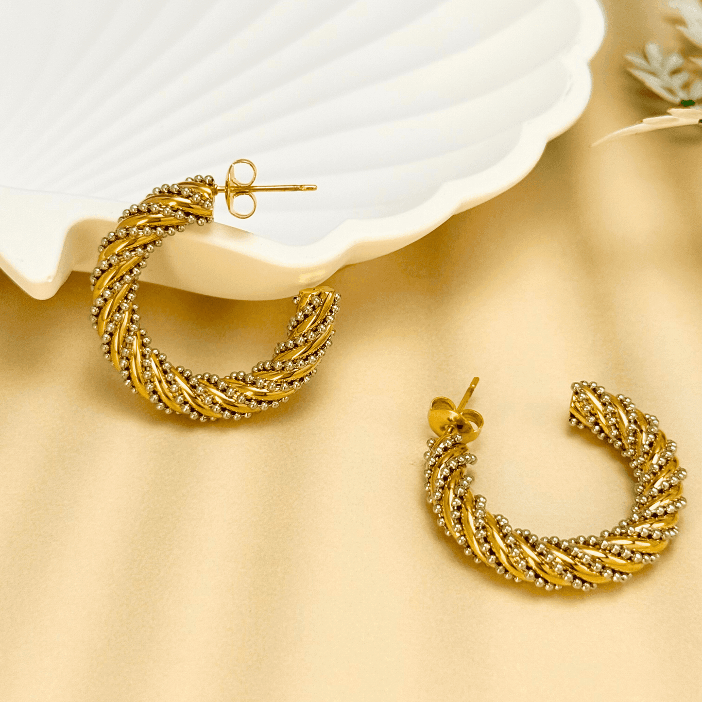 Gold Beaded Rope Hoop Earrings, featuring a twisted rope design with beaded accents, crafted from PVD-plated stainless steel.
