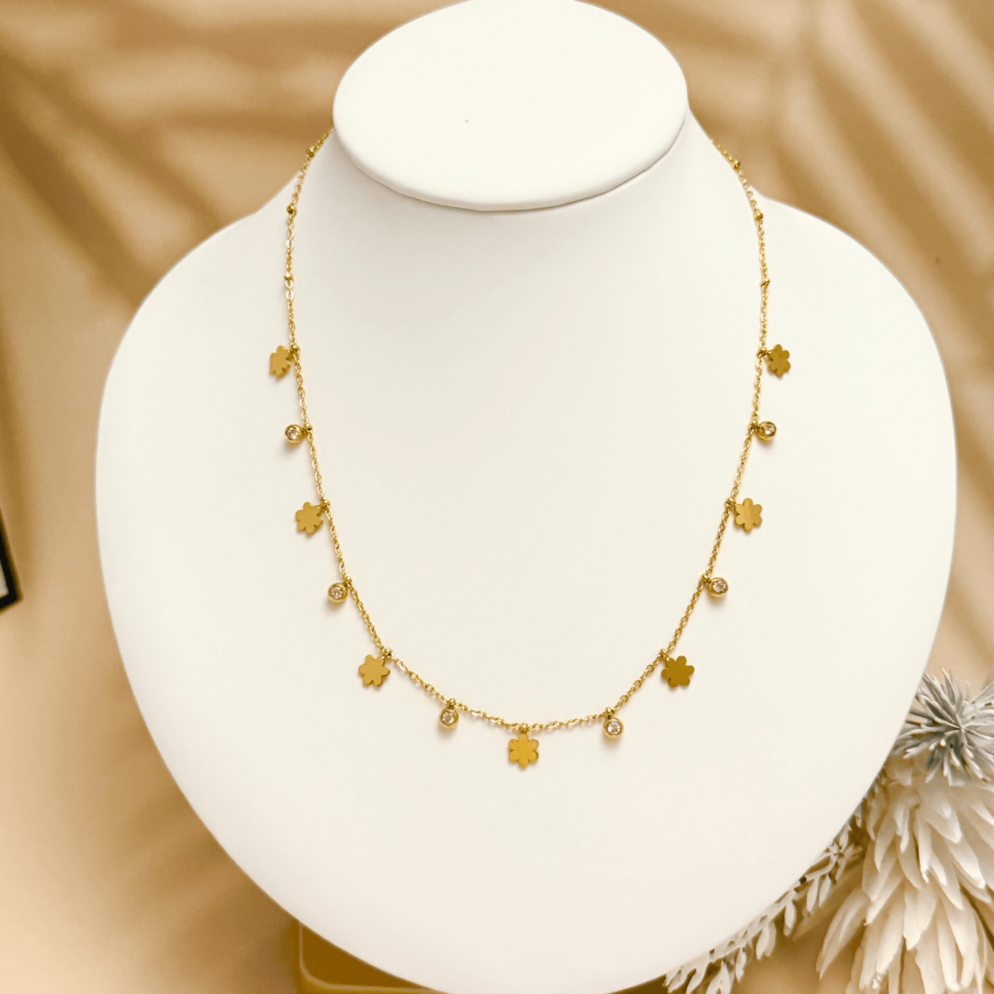 Gold Clover Necklace with zircon stones, waterproof & hypoallergenic.