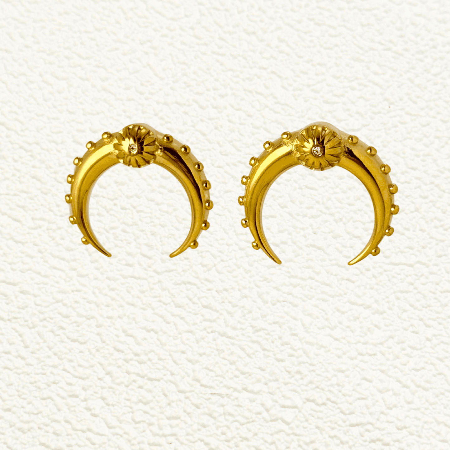Celestine Gold Crescent Zircon Stud Earrings – crafted from stainless steel with a celestial crescent moon design and sparkling zircon stones. Durable, elegant, and timeless.