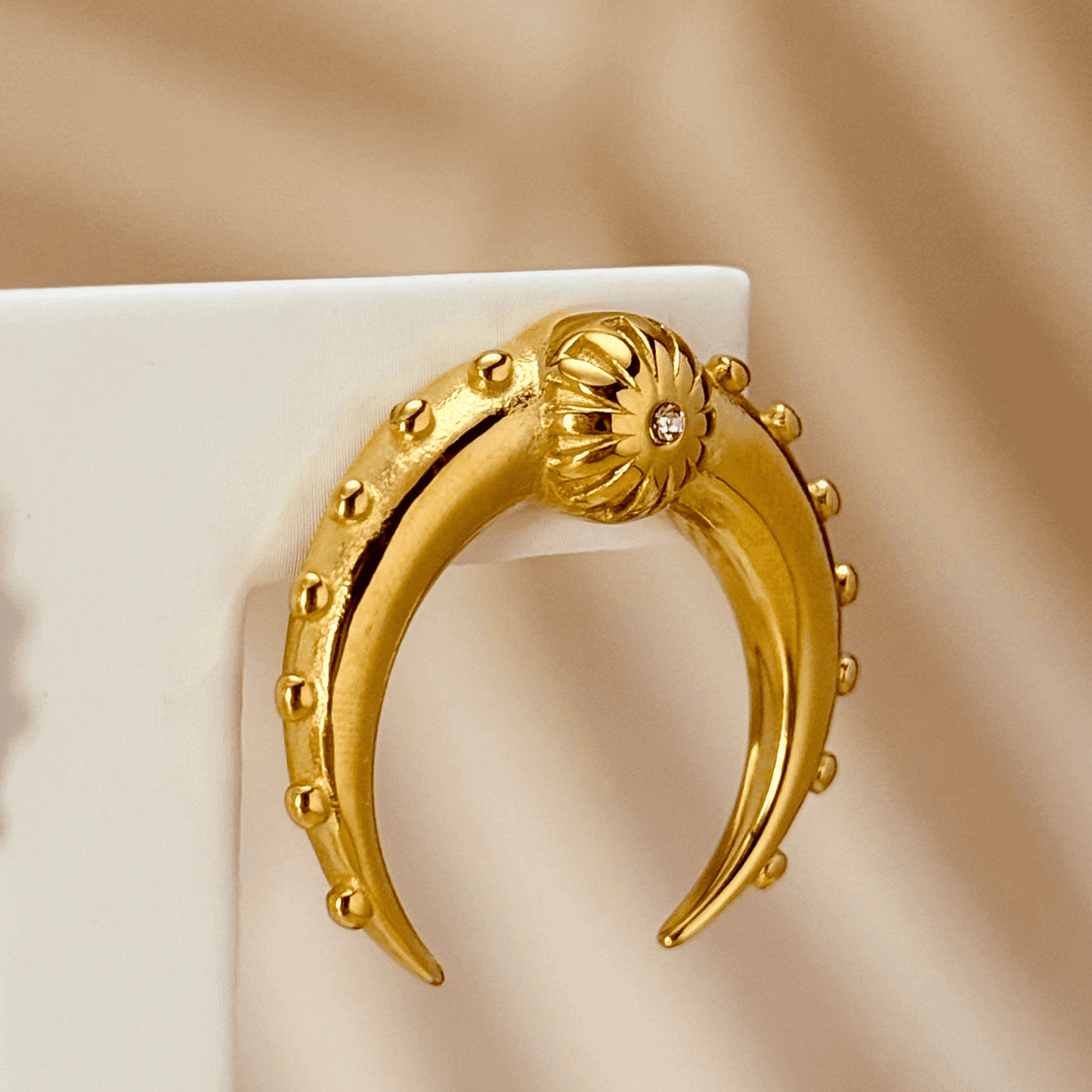 Celestine Gold Crescent Zircon Stud Earrings – crafted from stainless steel with a celestial crescent moon design and sparkling zircon stones. Durable, elegant, and timeless.