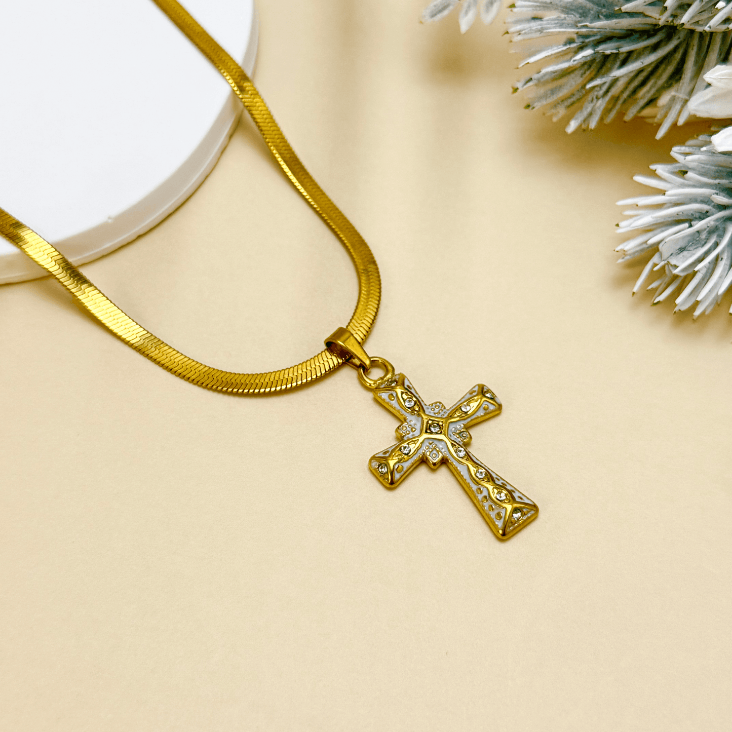 Gold enamel cross necklace with zircon stones, vintage-inspired religious jewelry on gold snake chain – modern Christian pendant for elegant styling.