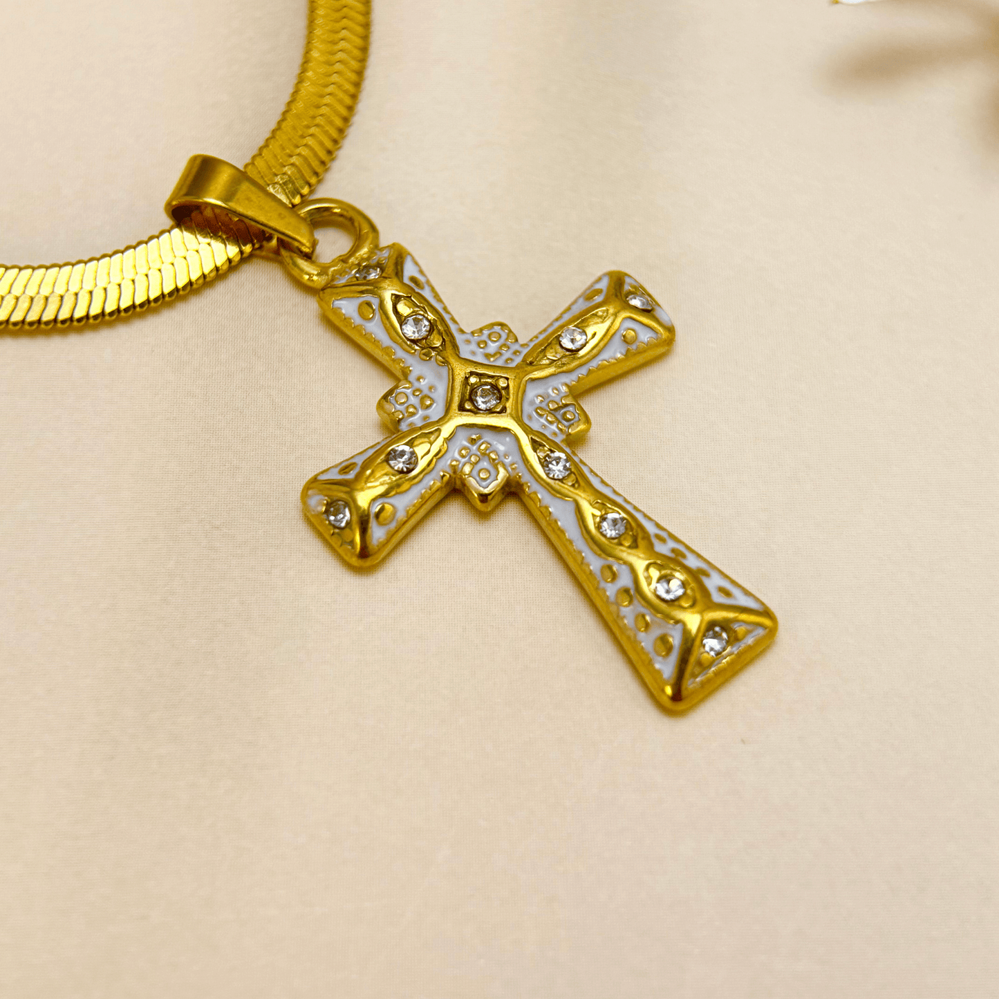 Gold enamel cross necklace with zircon stones, vintage-inspired religious jewelry on gold snake chain – modern Christian pendant for elegant styling.