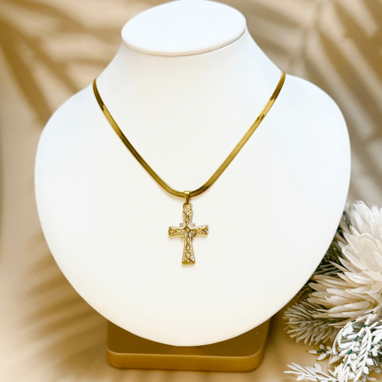 Gold enamel cross necklace with zircon stones, vintage-inspired religious jewellery on gold snake chain – modern Christian pendant for elegant styling.