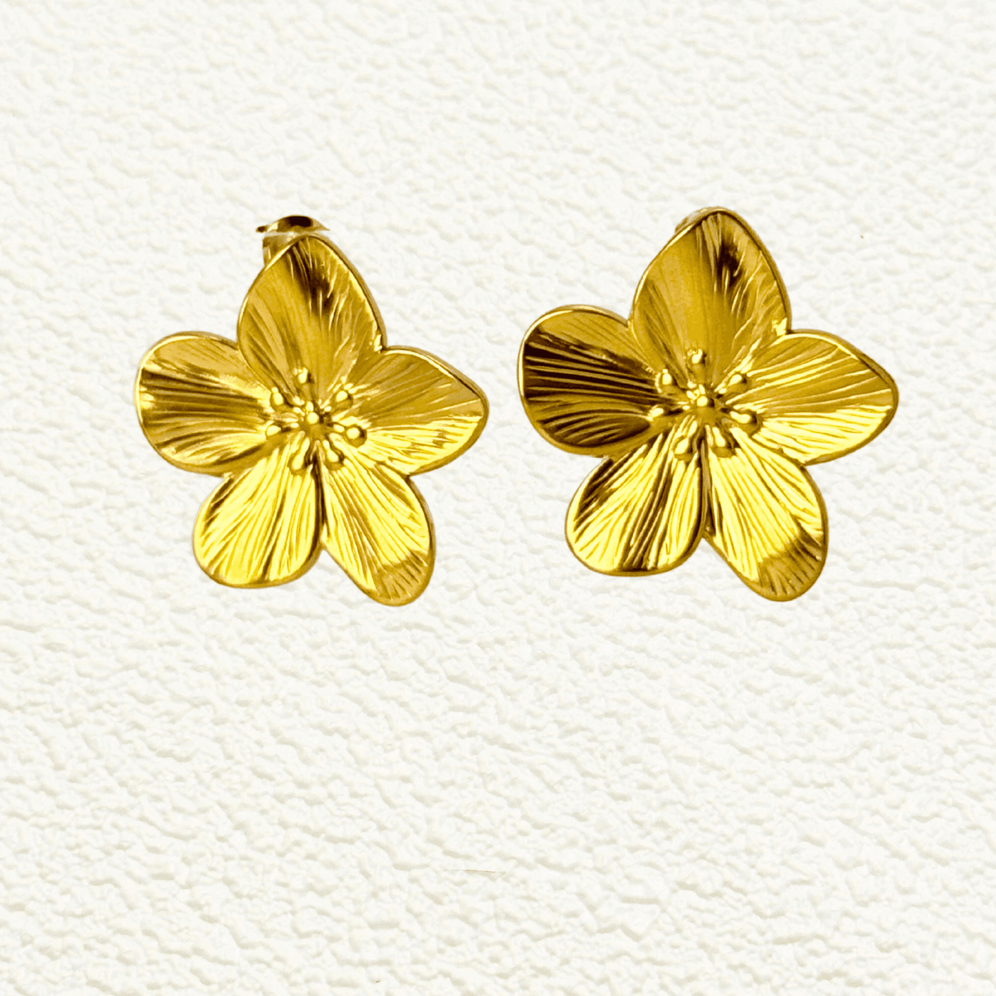 gold flower stud earrings, floral stainless steel earrings, statement botanical earrings, PVD gold earrings, nature-inspired jewellery Australia