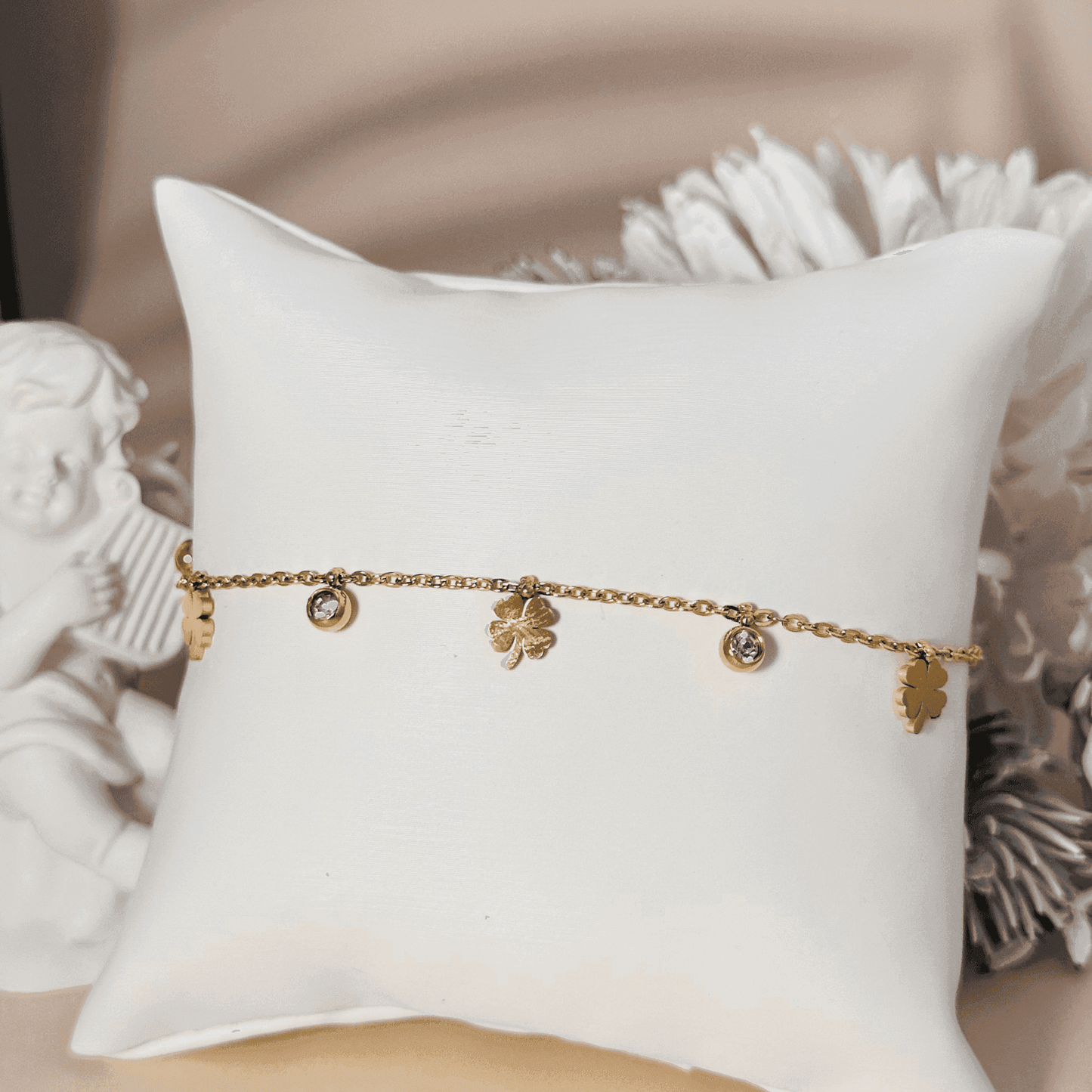 Gold four-leaf clover charm necklace or bracelet with zircon accents, waterproof and tarnish-resistant