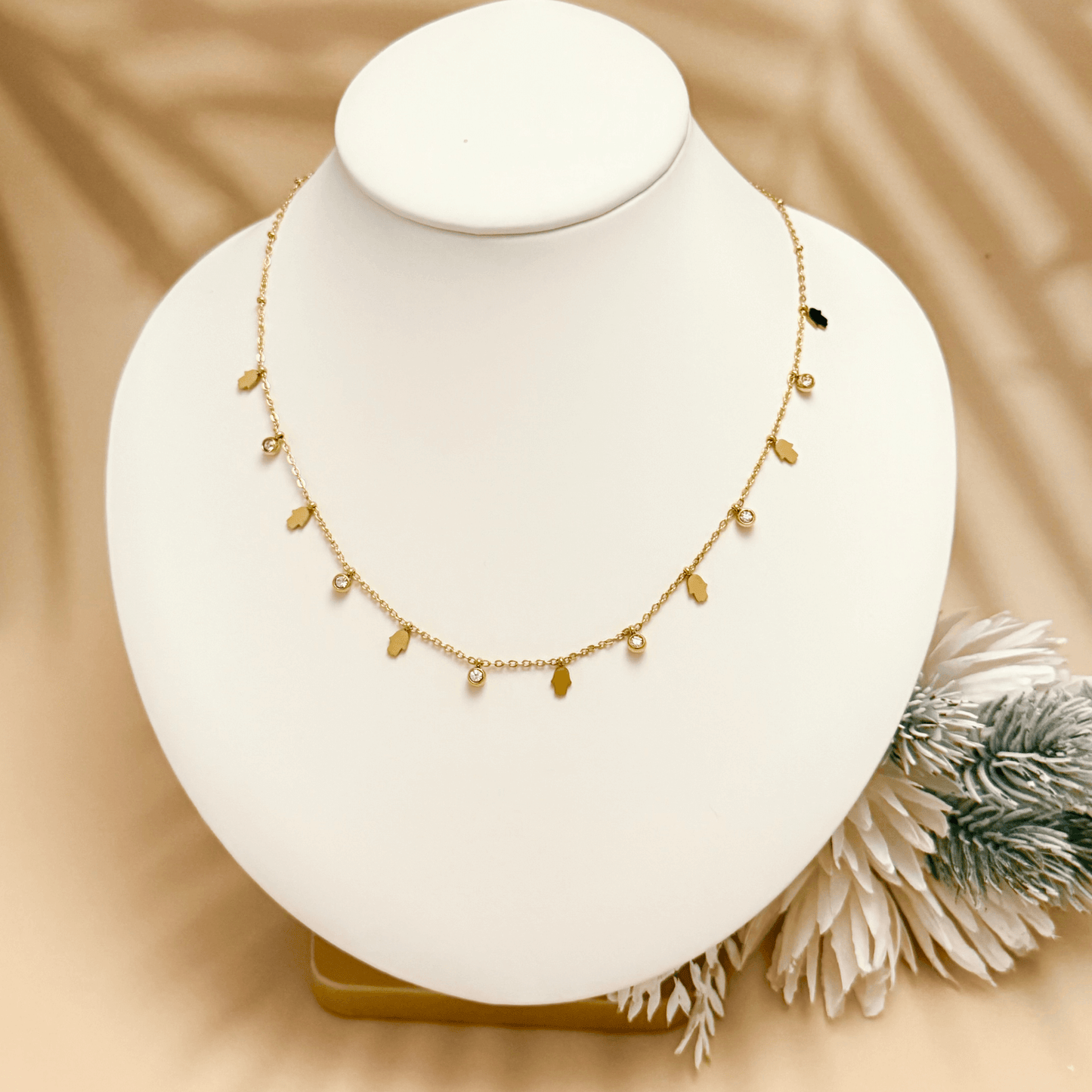 Gold Hamsa Hand & Zircon Necklace – Waterproof & Tarnish-Resistant