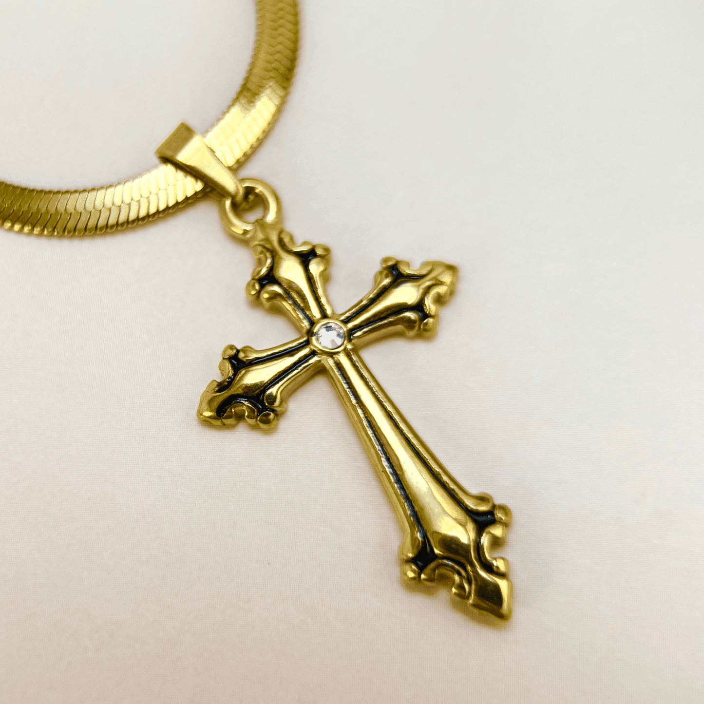 Gold ornate cross pendant necklace with zircon stone, baroque-inspired design, modern religious jewellery for spiritual gifting or everyday faith-based fashion.