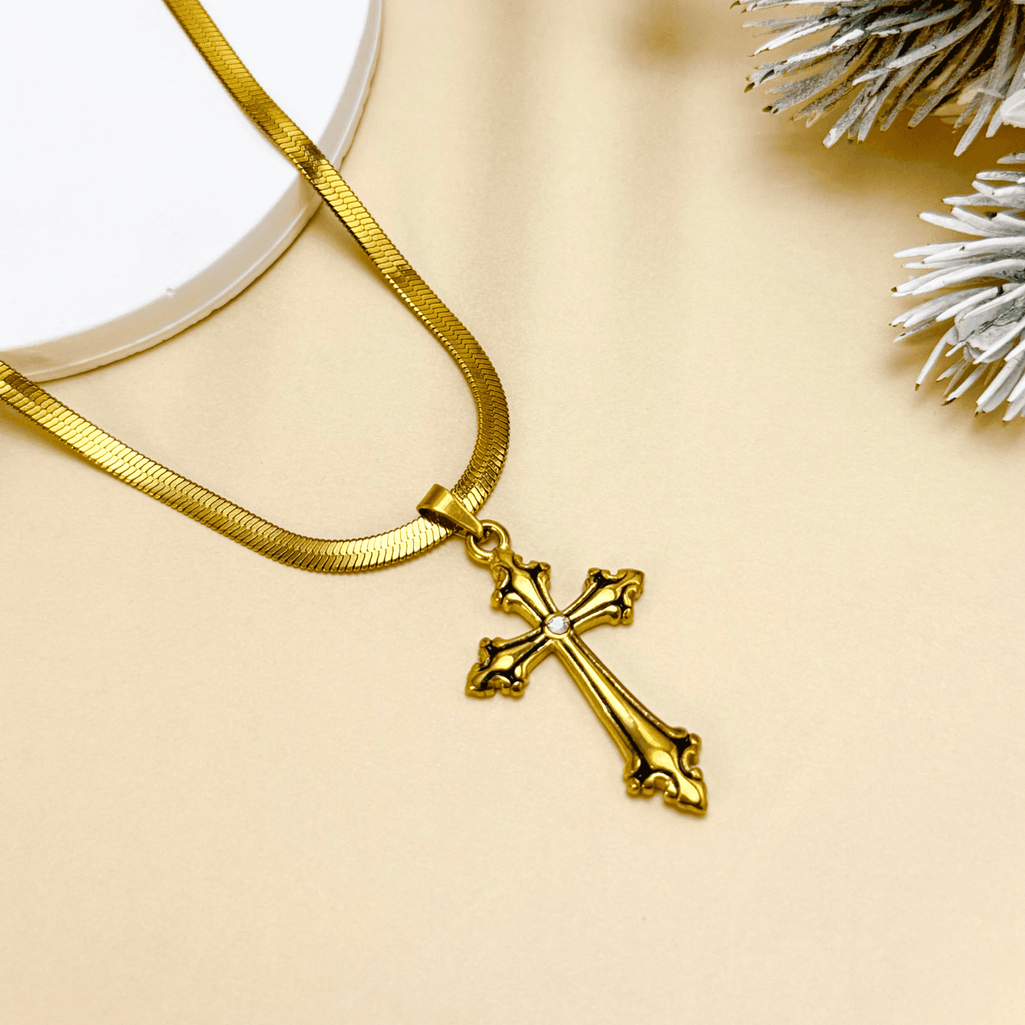 Gold ornate cross pendant necklace with zircon stone, baroque-inspired design, modern religious jewellery for spiritual gifting or everyday faith-based fashion.