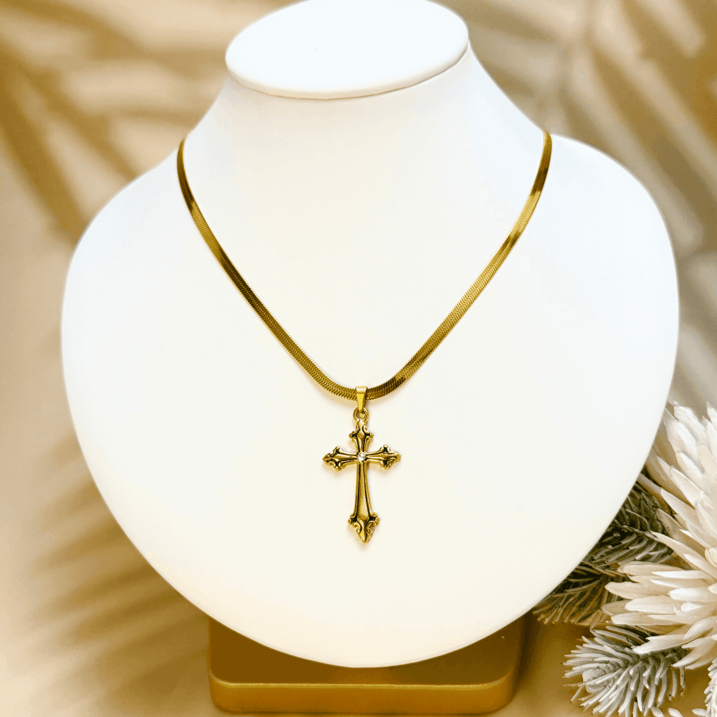 Gold ornate cross pendant necklace with zircon stone, baroque-inspired design, modern religious jewellery for spiritual gifting or everyday faith-based fashion.