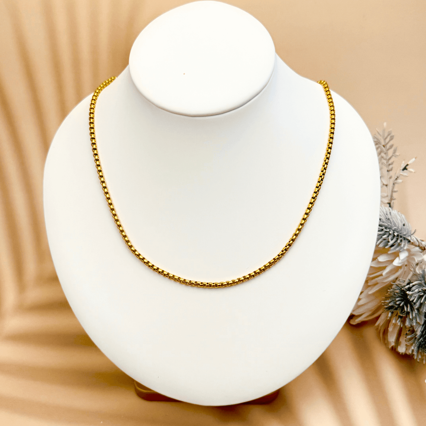 Versatile 3mm thick gold plated stainless steel box chain, waterproof and tarnish-resistant, perfect for necklaces, bracelets, and anklets.