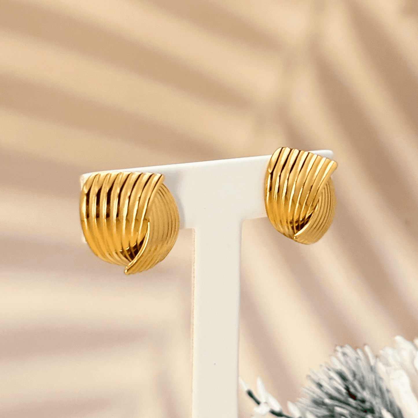 gold pleated shell earrings with curved sculptural design, PVD gold plated stainless steel studs, bold vintage-inspired jewellery by MXW