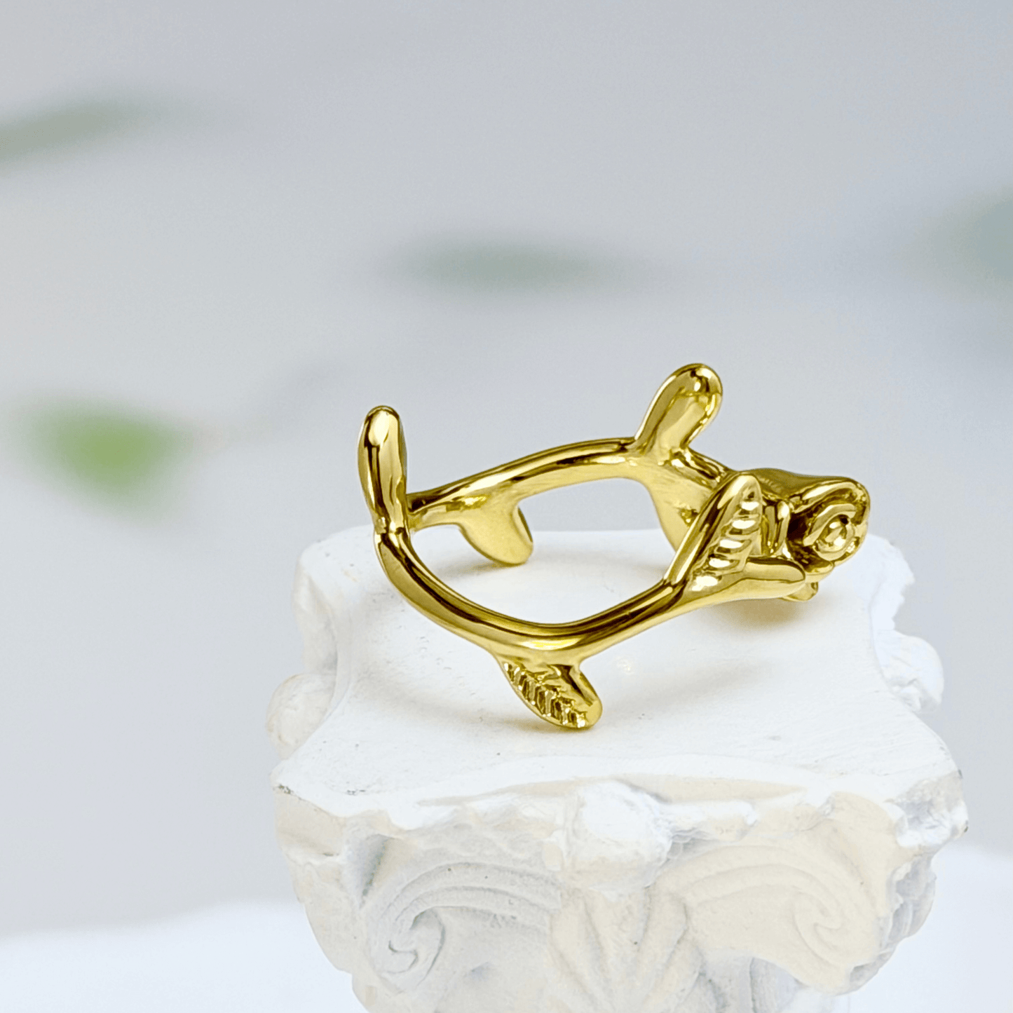Gold rosebud vine ring with sculpted floral and leaf details, adjustable waterproof gold ring by MXW Jewellery.