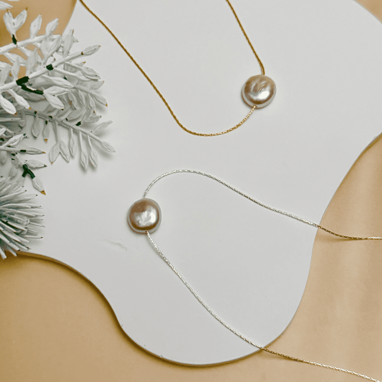 necklace with single freshwater coin pearl on gold filled and sterling silver chains – minimalist dainty pearl jewellery for layering or gifting