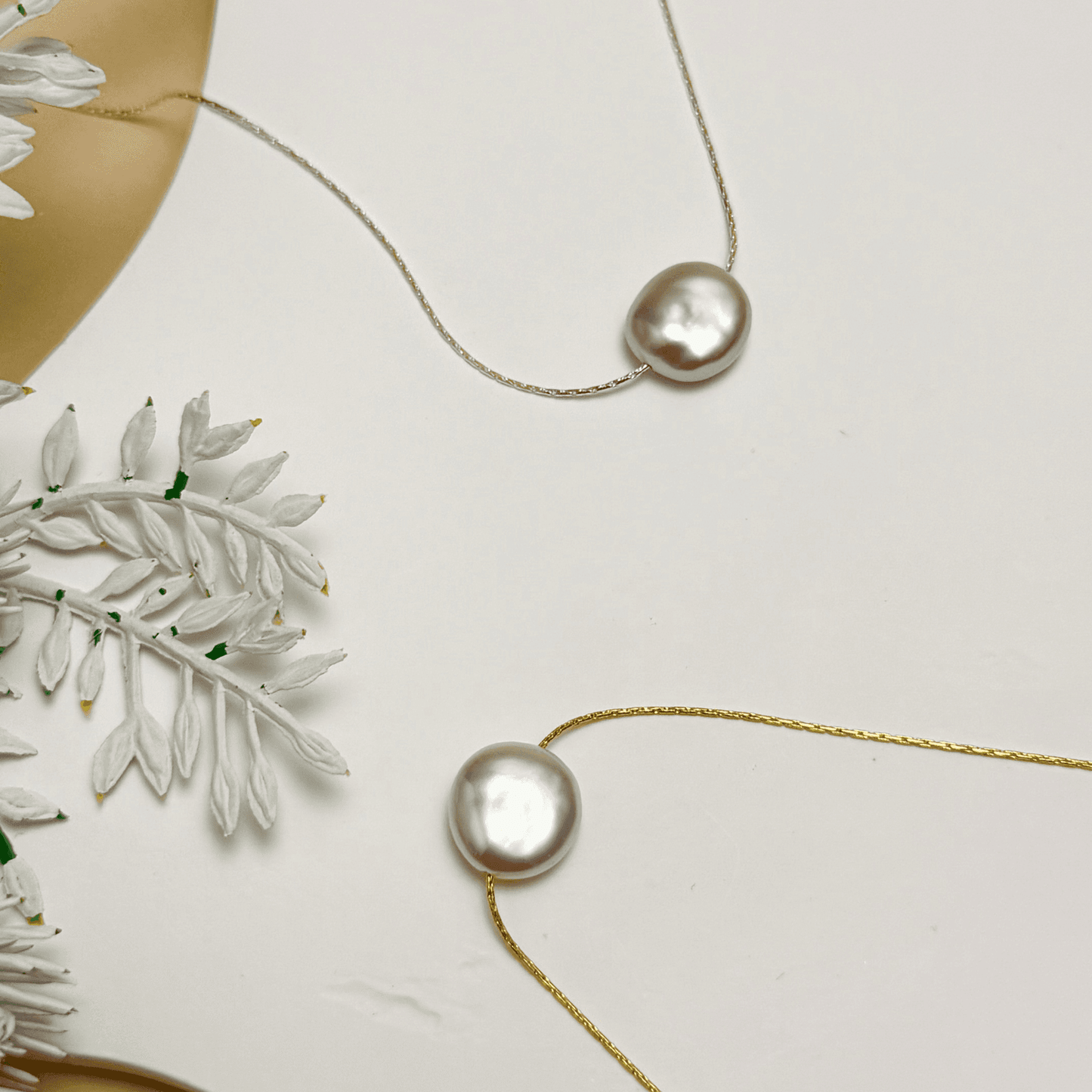 necklace with single freshwater coin pearl on gold filled and sterling silver chains – minimalist dainty pearl jewellery for layering or gifting