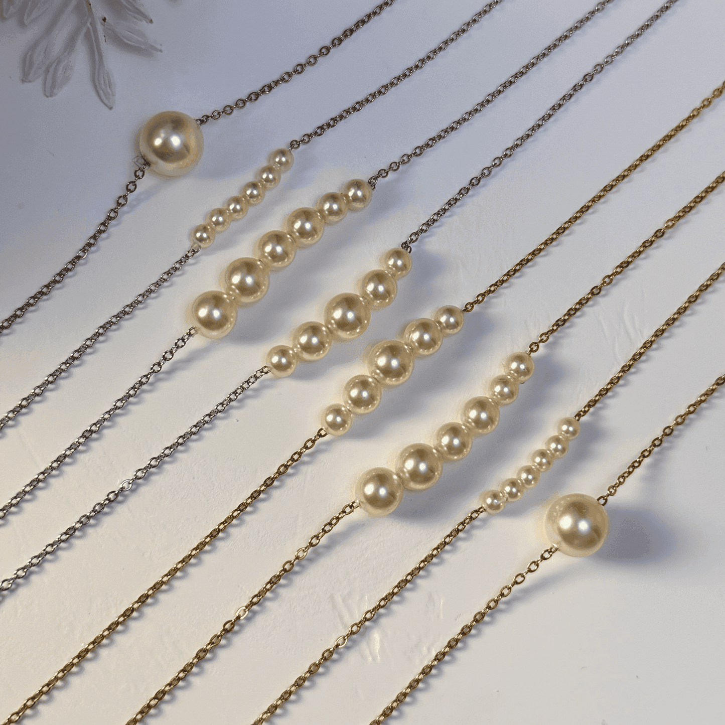 Minimalist Swarovski crystal pearl necklace on gold and silver stainless steel chains, elegant everyday jewellery