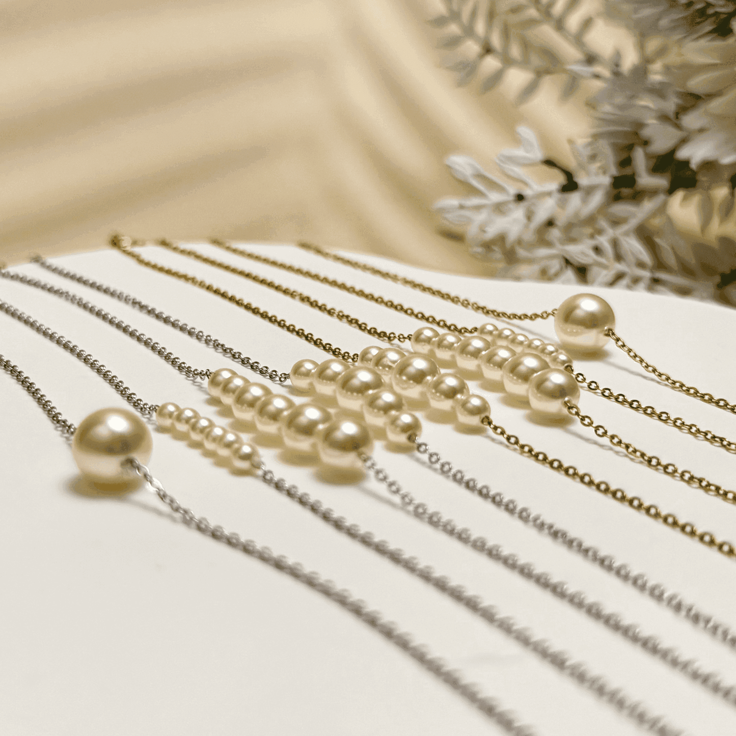 Minimalist Swarovski crystal pearl necklace on gold and silver stainless steel chains, elegant everyday jewellery