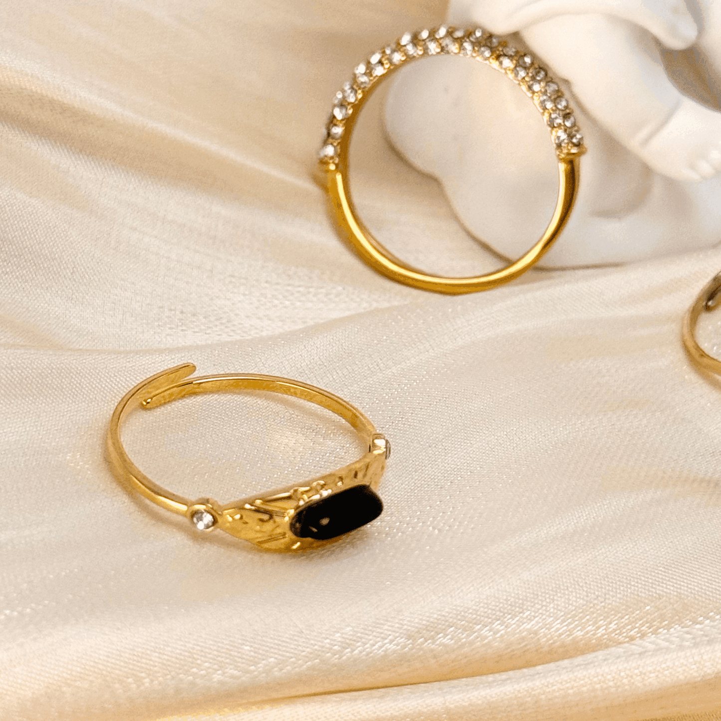 Gold stacking adjustable rings featuring natural stones and intricate boho designs. Waterproof and stylish, perfect for layering and everyday wear.