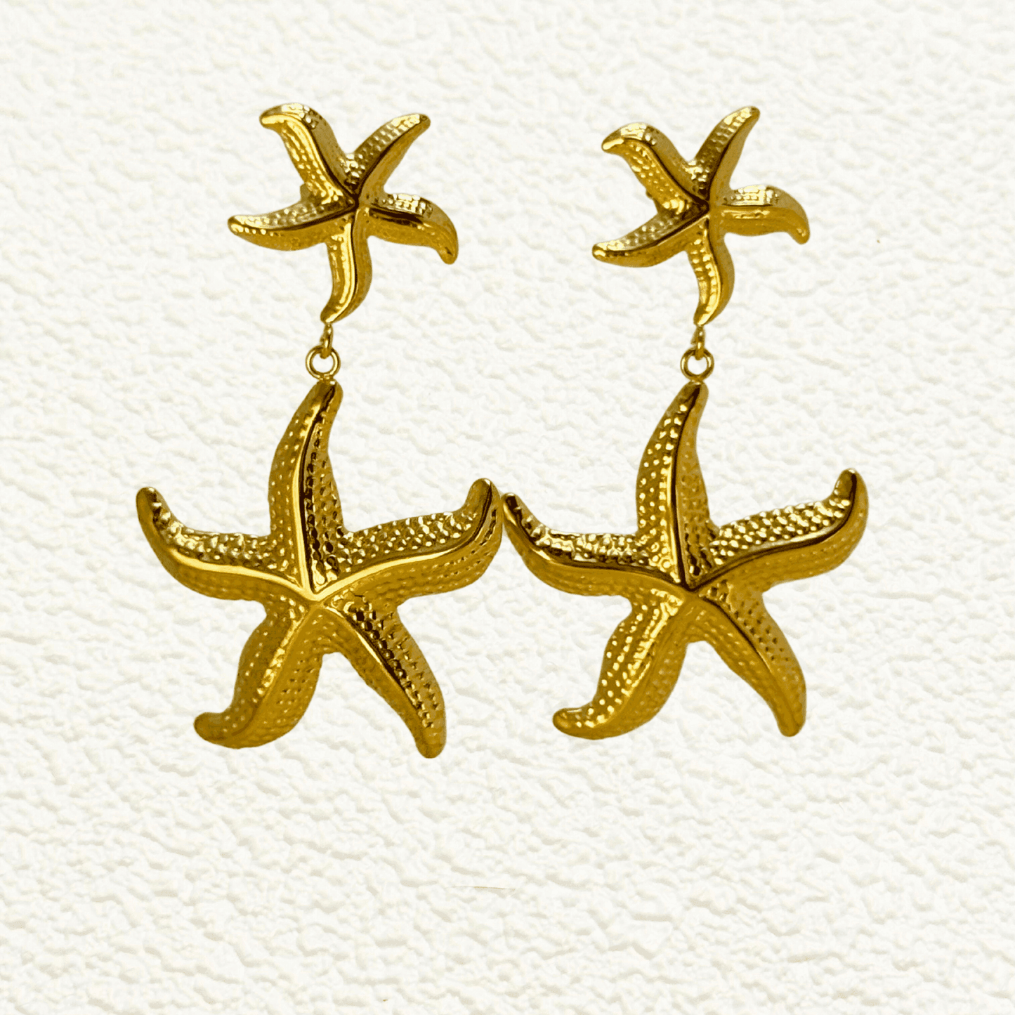 Gold starfish drop earrings, ocean-inspired waterproof statement jewellery