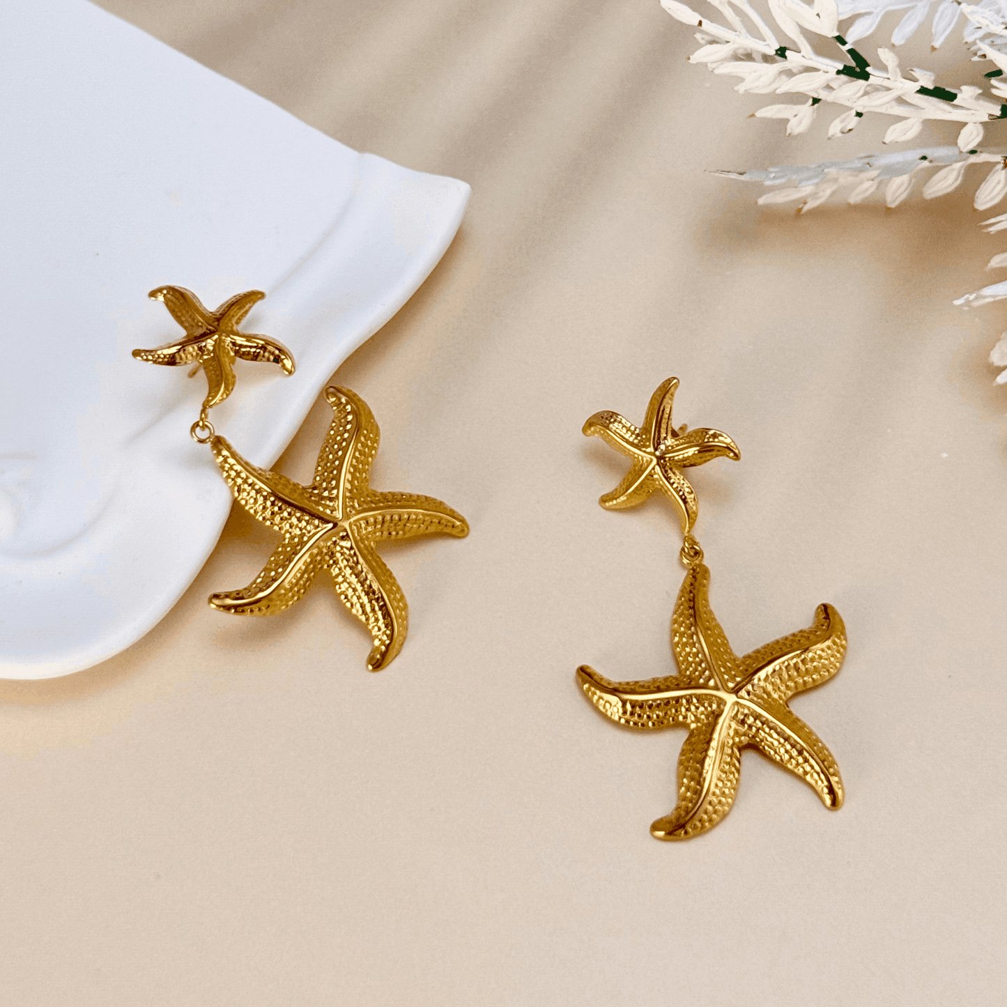 Gold starfish drop earrings, ocean-inspired waterproof statement jewellery