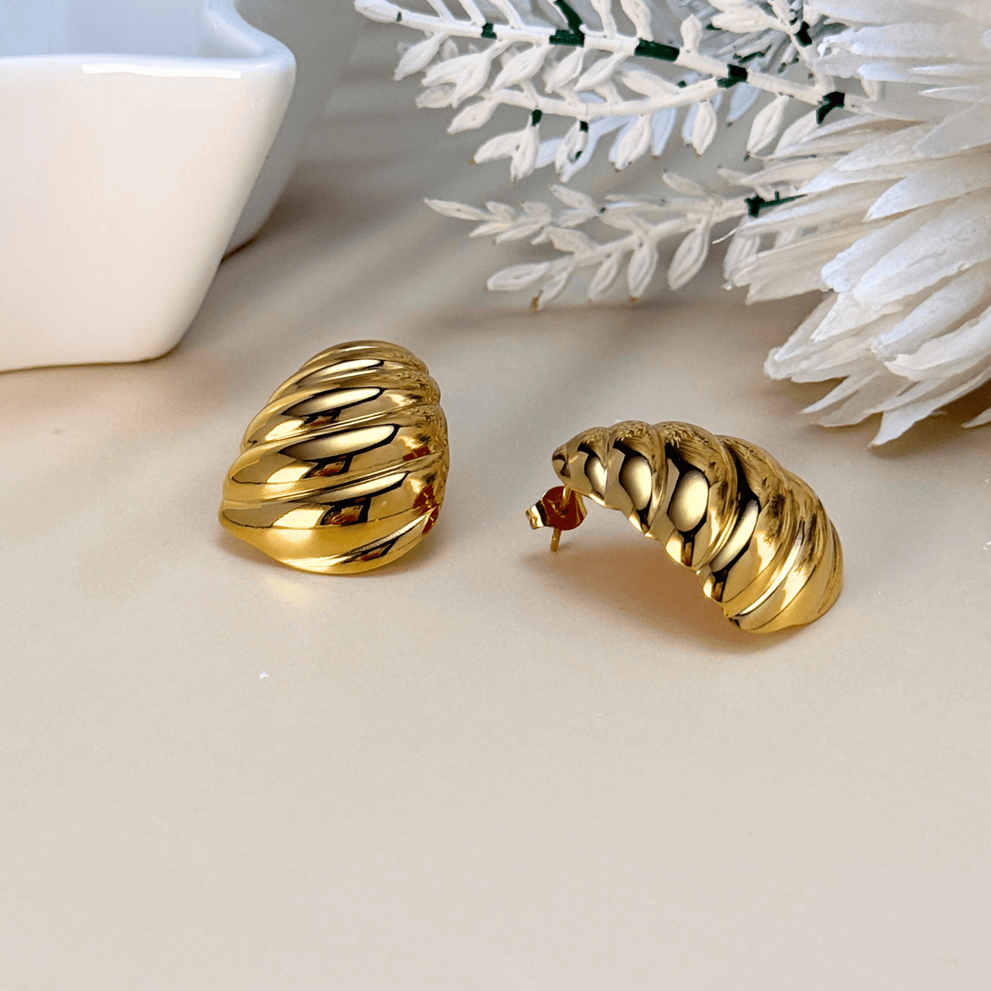 Gold swirl sculpted statement earrings, waterproof and tarnish-resistant, featuring a bold twisted design for a vintage-inspired yet modern look. Perfect for all-day wear.