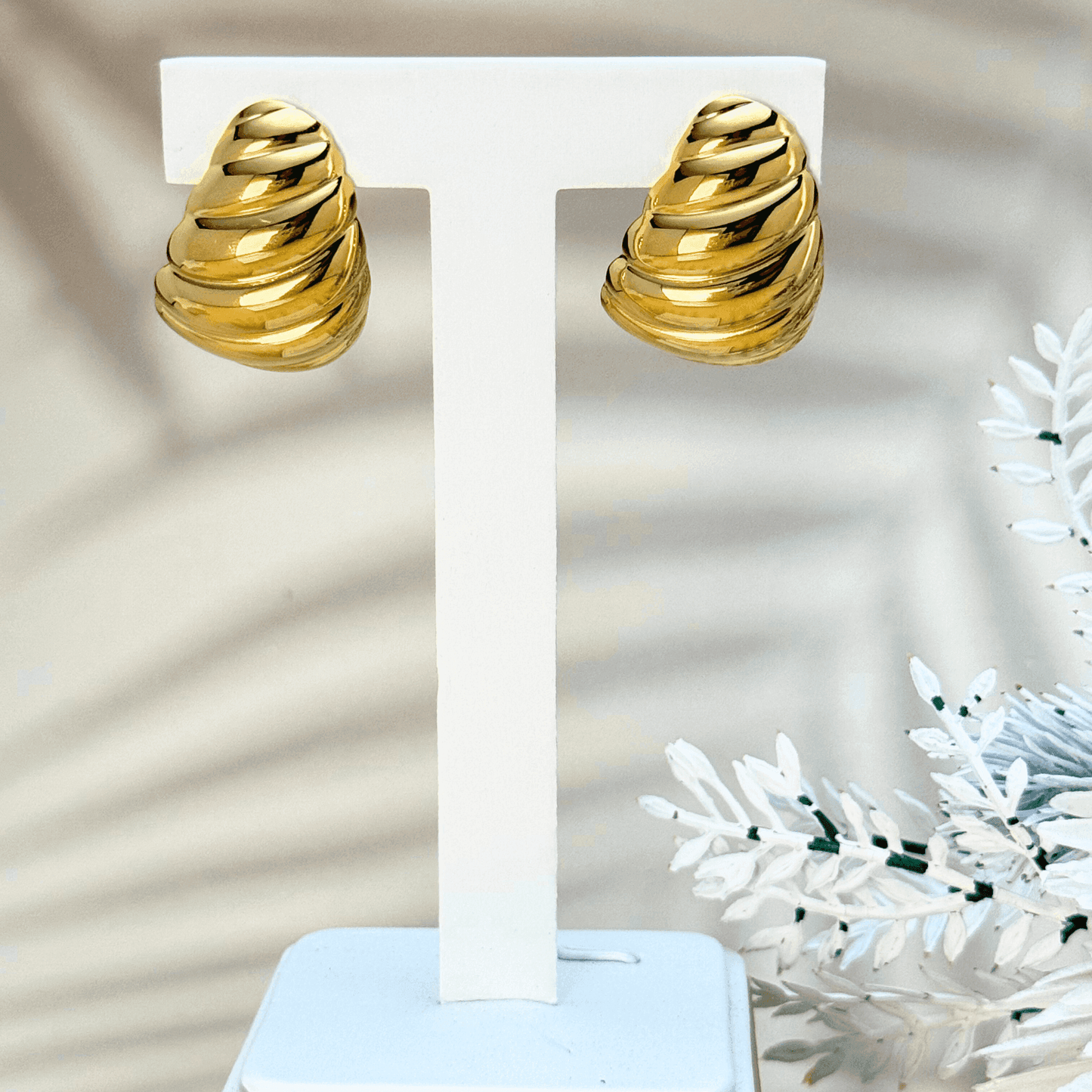Gold swirl sculpted statement earrings, waterproof and tarnish-resistant, featuring a bold twisted design for a vintage-inspired yet modern look. Perfect for all-day wear.
