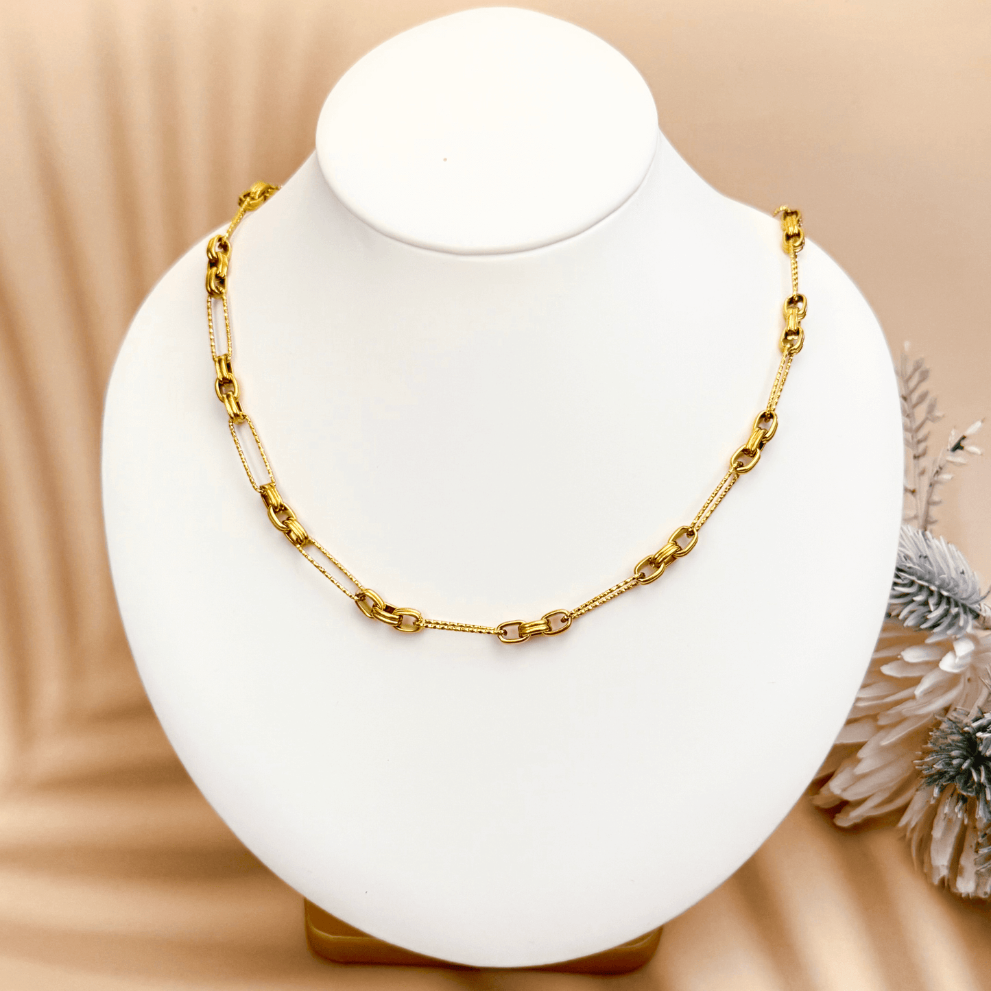 gold textured paperclip and double loop chain, gold plated stainless steel link chain for necklace, bracelet, or anklet from MXW Jewellery